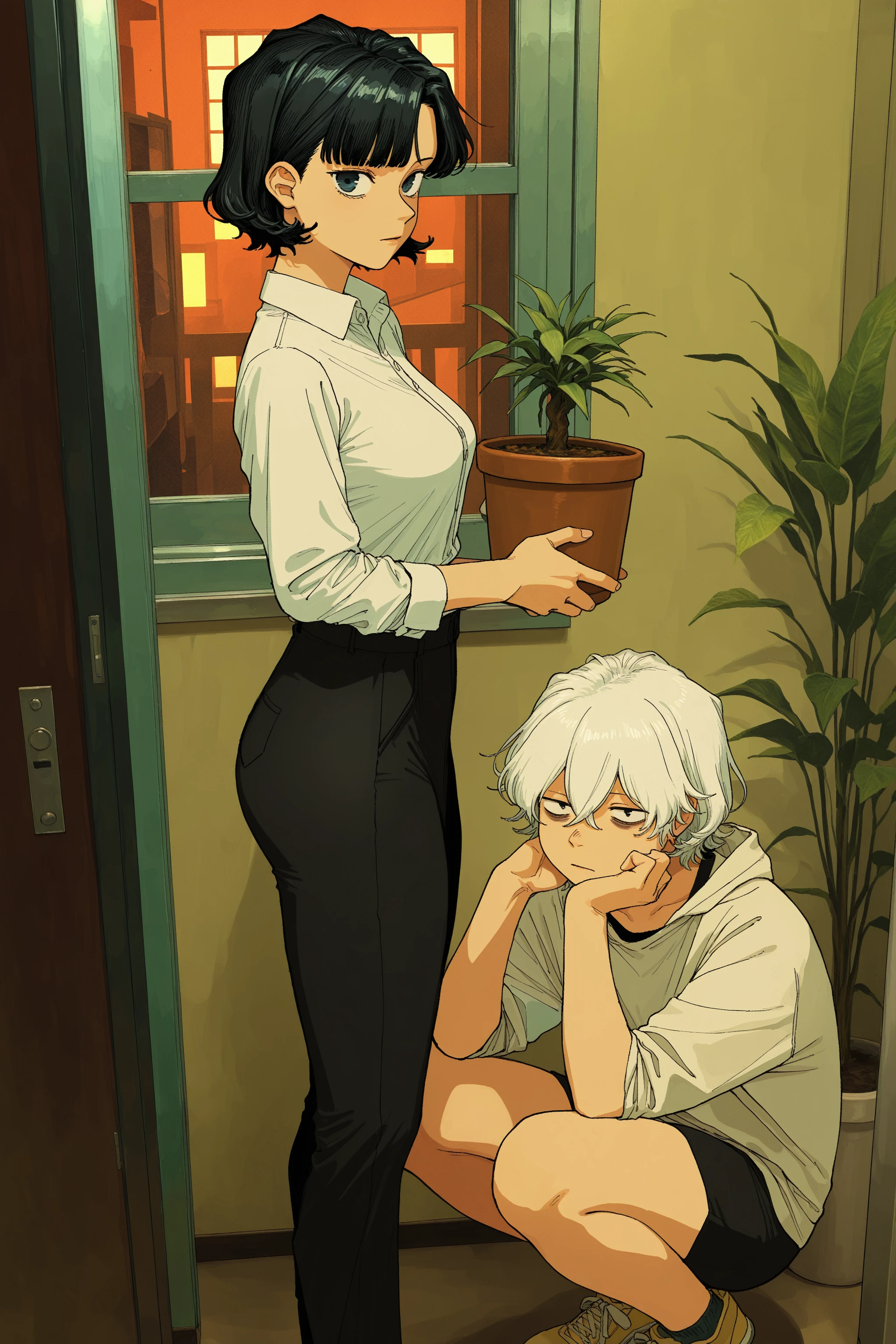 masterpiece, best quality, absurdres, safe
1boy, 1girl,
yomiko hourai, black hair, short hair, black eyes,
standing, looking at viewer, solo, black pants, collared shirt, white shirt, window
BREAK
masterpiece, best quality, absurdres, safe
1boy, 1girl,
toshiro kamiya, short hair, black eyes, white hair, sanpaku, bags under eyes, hair between eyes,
squatting, holding potted plant
<lora:fool_night_il_1_d16:1>