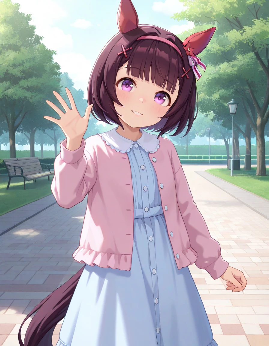 masterpiece, best quality, very aesthetic, absurdres, 1girl, nishino flower \(umamusume\), nfcas, head tilt, smile, parted lips, purple hair, hairband, white striped hair ornament, hairpin, casual, pink jacket, blue dress, horse tail, outdoors, park, looking at viewer, waving, <lora:nishino_IL:0.8>
