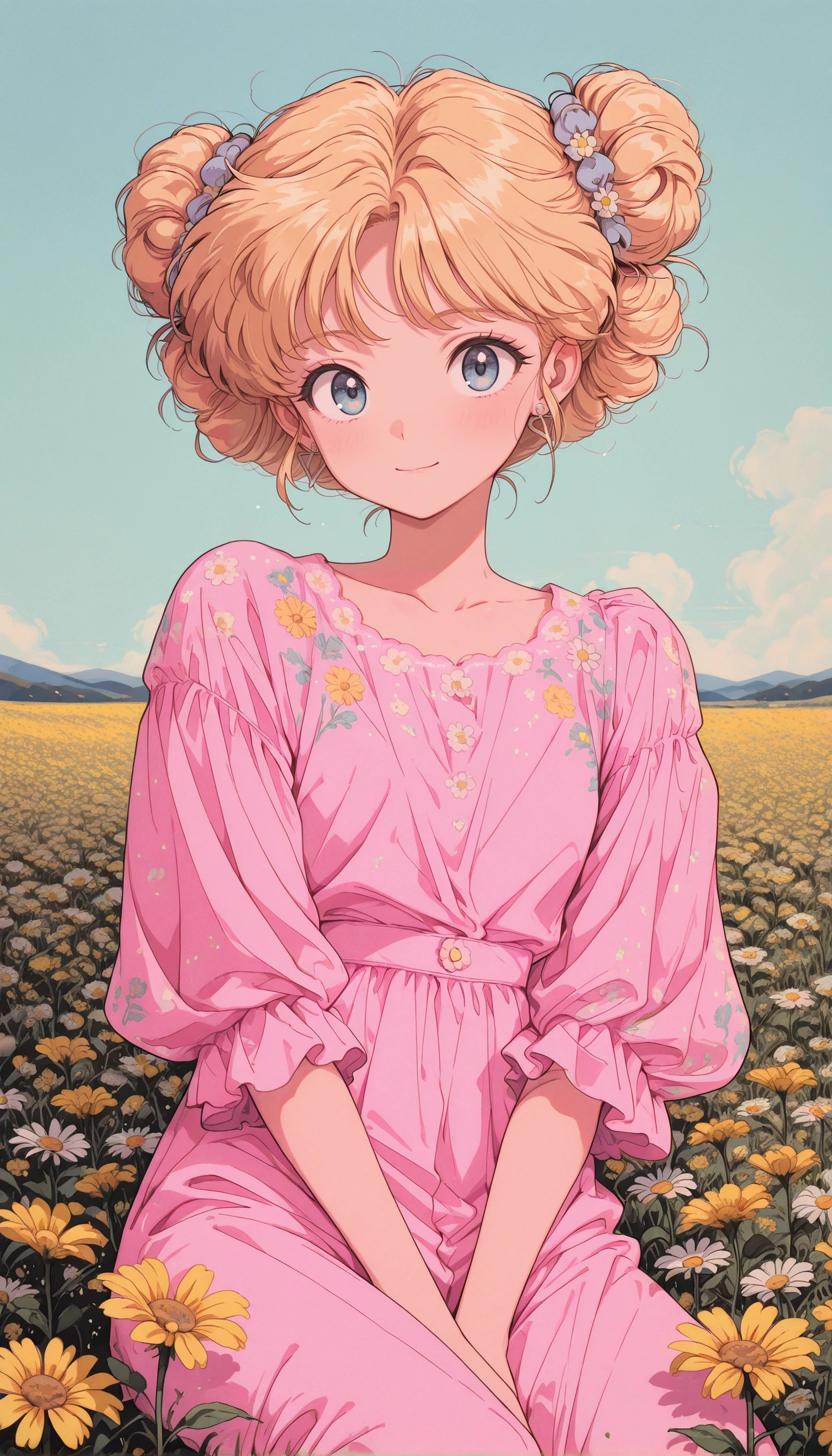 1girl, close-up, buttery blonde hair, twin buns, pastel lavender blouse, daisy embroidery, sitting in a field, pale yellow wildflowers, pastel blue sky masterpiece, best quality, amazing quality, very aesthetic, absurdres, detailed eyes, newest, <lora:PinkieRetroAnimeIL:1>, pinkretroanime, retro art,
