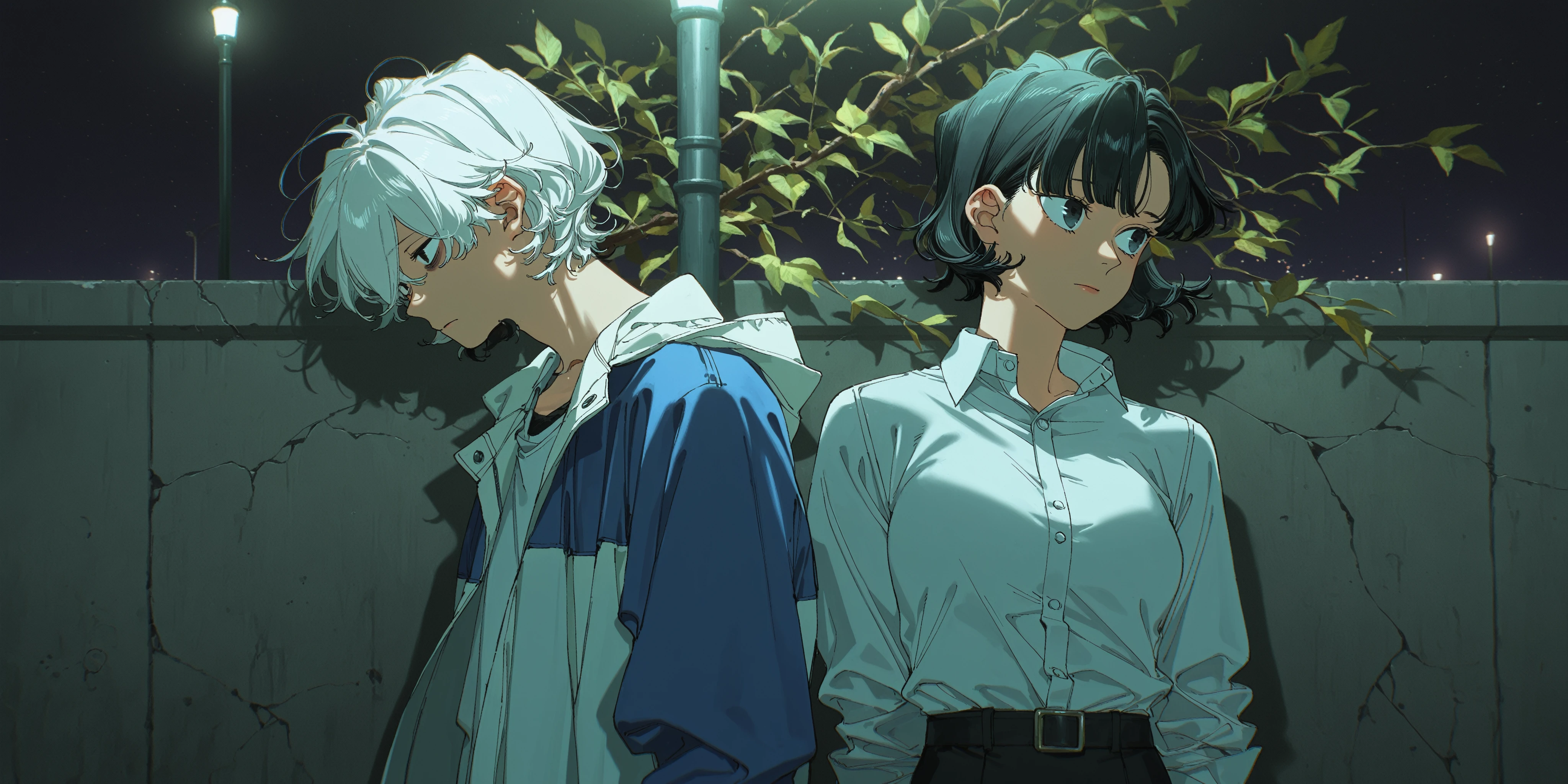masterpiece, best quality, absurdres, safe
1boy, toshiro kamiya, short hair, black eyes, white hair, sanpaku, bags under eyes, hair between eyes
[dappled sunlight:(night, lamppost:1.6) :0.3], blue jacket, white shirt, white jacket,
[green theme::0.1], leaf, branch, cracked wall, standing, (floating hair:0.8), night, looking at another,, [:from side:0.2] [:(white hair:1.2):0.5]
artist:konya karasue, artist:yoneyama mai, chromatic aberration
BREAK
masterpiece, best quality, absurdres, safe
1girl, yomiko hourai, black hair, short hair, black eyes,
[dappled sunlight:(night, lamppost:1.6) :0.3], white shirt,
[green theme::0.1], leaf, branch, cracked wall, standing, (floating hair:0.8), night, looking to the side, looking at another, 
artist:konya karasue, artist:yoneyama mai, chromatic aberration
<lora:fool_night_il_1_d16:1>