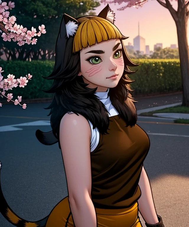 (masterpiece:1.2), official_art, ultra_detailed, (1girl:1.2), (solo:1.2), (PSENekono:1.2), (NekonoOutfit:1.5), (brown_sleeveless_shirt:1.5), (orange_buruma:1.5), (white_fingerless_gloves:1.2), green_eyes, cat_tail, facial_marks, plump, park_sunset, sakura_blossoms, cowboy_shot, (dramatic_lighting:1.2), <lora:PSE_Nekono:0.9>