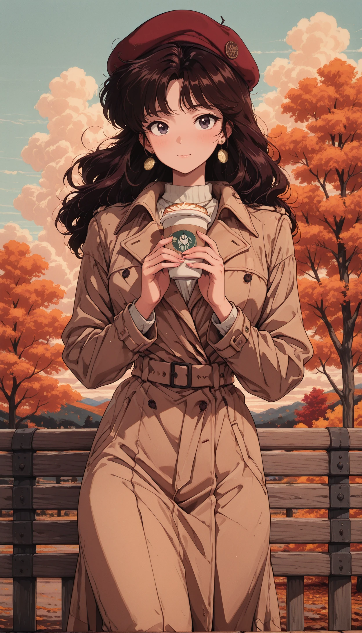 1girl, beret, trench coat, latte, outdoor café, cloudy sky, autumn, elegant pose masterpiece, best quality, amazing quality, very aesthetic, absurdres, detailed eyes, newest, <lora:PinkieRetroAnimeIL:1>, pinkretroanime, retro art,