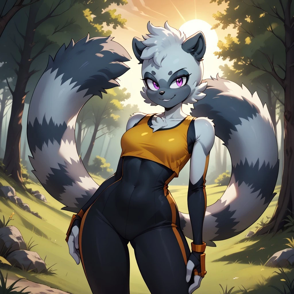 score_9, score_8, BREAK, solo, Tangle the Lemur, gray fur, purple eyes, long white and gray tail, yellow crop top, black bodysuit, yellow shoes, sexy pose, self portrait, smile, outdoors, sunlight, shadows, evening lighting, natural lighting, forest, trees, grass, orange sky, sunset