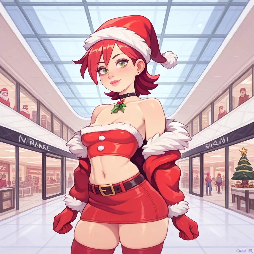 source_western, human, drawn by owler, drawn by cyancapsule, cowboy shot,  ((frankie_foster\(foster's home for imaginary friend\)), green eyes), [[small breasts]], solo,
santa's helper, strapless red off shoulder shirt with white fur trim, midriff, cleavage, bare shoulders, bare clavicles, choker with mistletoe pendant, skin tight red mini skirt white fur trim, red thigh high socks with white fur trim, red santa hat with white fur trim, red elbow gloves with white fur trim, <lora:Mall_Atrium:1> m411, shopping mall, mall atrium, ((multiple floors, indoor balconies, indoor chasm)), adult crowded, (multiples storefronts, shop windows, glass doors), glass roof,  spacious interior, (asymmetrical composition), huge christmas tree, christmas decorations,
,(zoomed out)