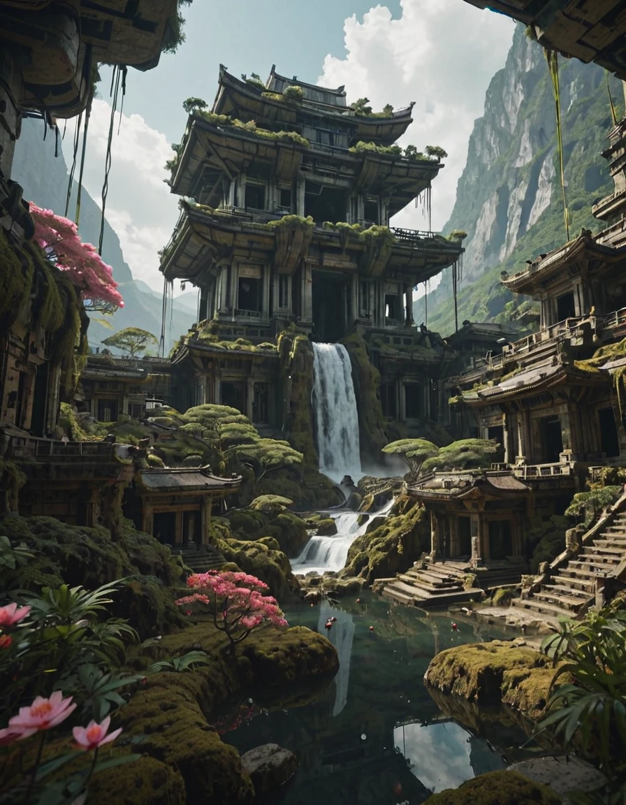 <lora:SWL_Stations1c:0.8> lostst1, cyberpunk, sea, mountains, aerial view, scientific complex, trees, waterfall, jungle, above an old stone temple, cherry blossom,