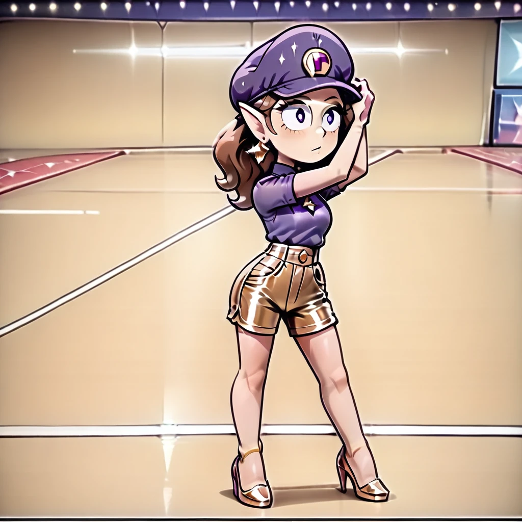 {1woman, solo:3.0, ((adult:3.0)), mature female, full body, Waluette, no mustache:2.0, pointy ears, face framing bangs, brown hair, tiny bust:2.0, slim figure, lanky figure, purple shirt, gold shorts, high waist shorts, suspender shorts, gold heels, gold earrings, purple hat, hat, standing:1.5, standing upright, } on a runway, fashion show runway, fashion show, 4kFacePonyXL,