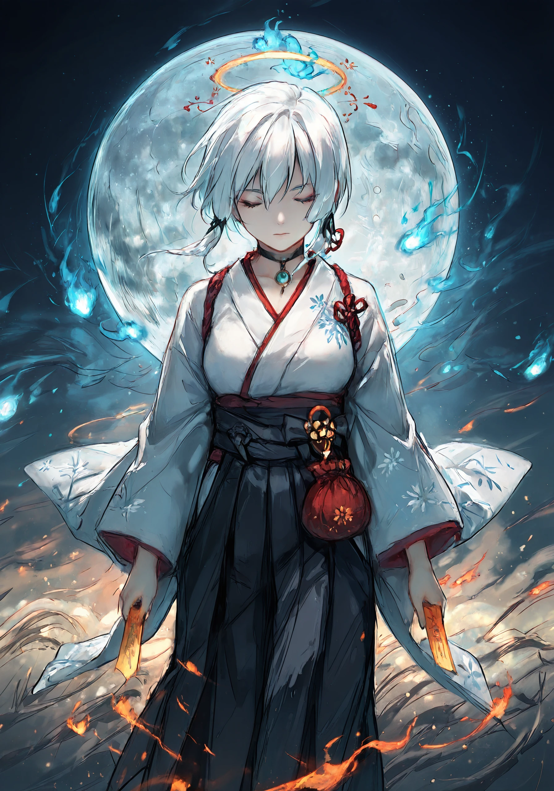 1girl, solo, closed eyes, japanese clothes, choker, hakama, skirt, blue fire, white hair, short hair, white kimono, ofuda, closed mouth, necklace, fire, kimono, halo, jewelry, hakama skirt, hair between eyes, talisman, facing viewer, bangs, long sleeves, wide sleeves, pouch, breasts, black choker, moon, glowing, klausherbert, masterpiece, best quality, good quality, newest <lora:UmeSky_Illustrious:1>