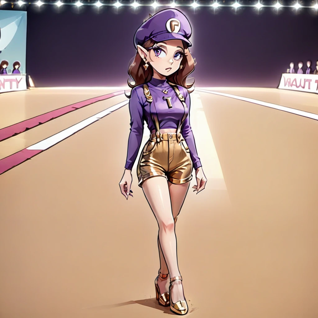 {1woman, solo:3.0, ((adult:3.0)), mature female, full body, Waluette, no mustache:2.0, pointy ears, face framing bangs, brown hair, tiny bust:2.0, slim figure, lanky figure, purple shirt, gold shorts, high waist shorts, suspender shorts, gold heels, gold earrings, purple hat, hat, standing:1.5, standing upright, } on a runway, fashion show runway, fashion show, 4kFacePonyXL,