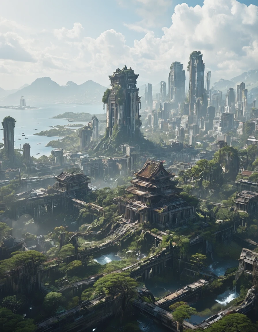 <lora:SWL_Stations1flux:1> lostst1, photo, cyberpunk, sea, abandoned cityscape, aerial view, scientific complex, old asian temple