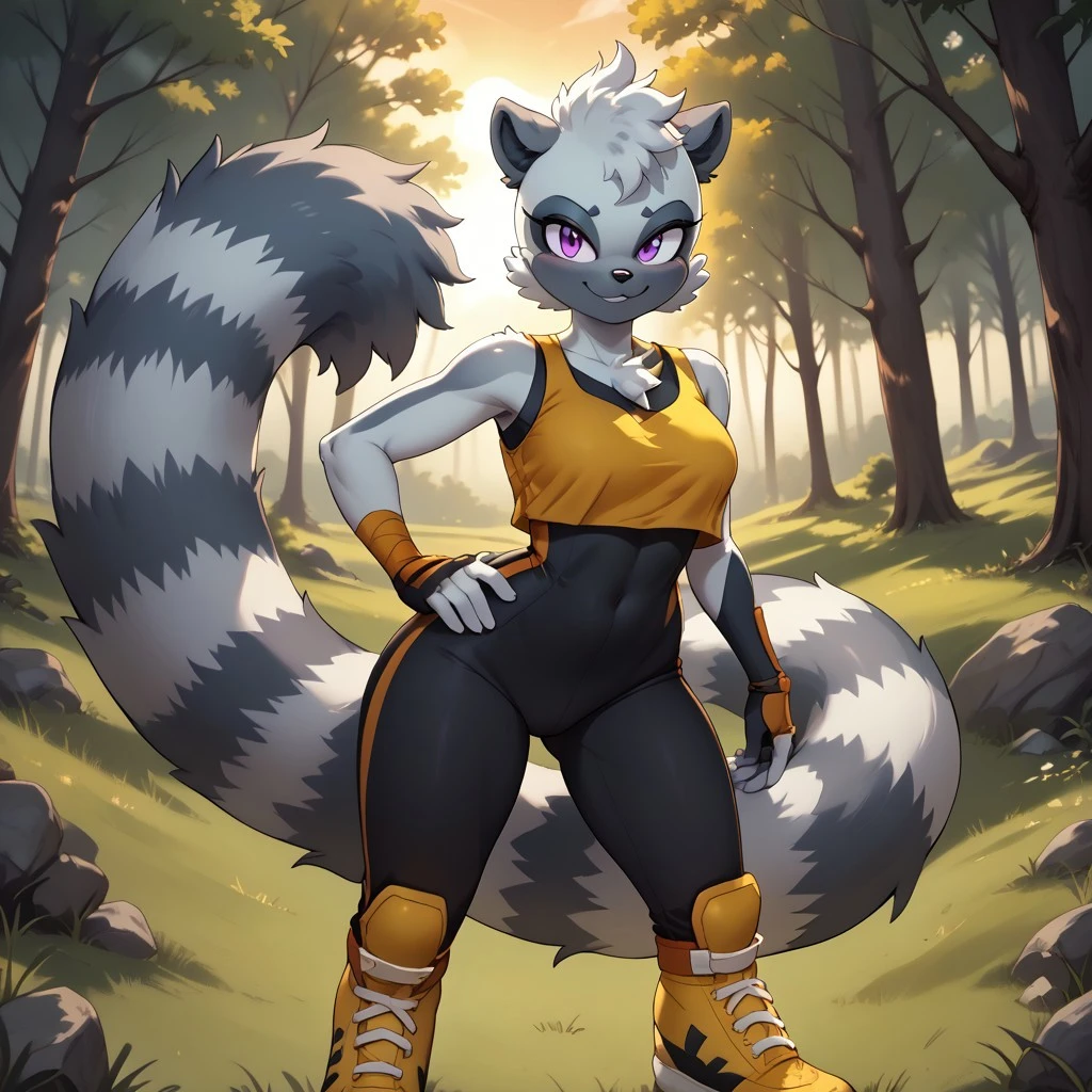 score_9, score_8, BREAK, solo, Tangle the Lemur, gray fur, purple eyes, long white and gray tail, yellow crop top, black bodysuit, yellow shoes, sexy pose, self portrait, smile, outdoors, sunlight, shadows, evening lighting, natural lighting, forest, trees, grass, orange sky, sunset