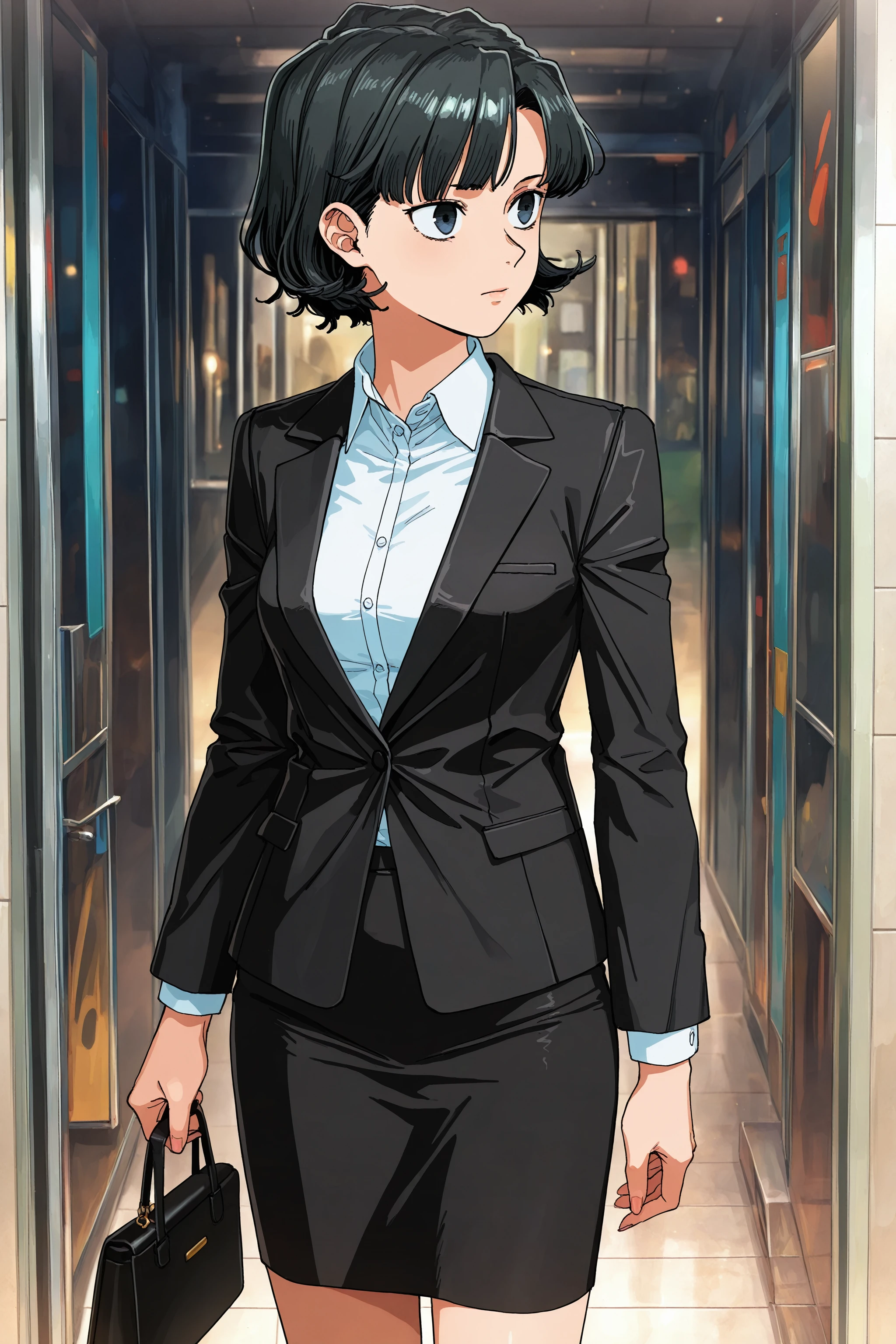 masterpiece, best quality, absurdres, safe
1girl, yomiko hourai, black hair, short hair, black eyes,
solo, white shirt, black jacket, suit, pencil skirt, handbag
<lora:fool_night_il_1_d16:1>