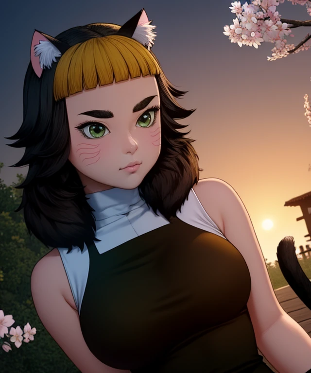 (masterpiece:1.2), official_art, ultra_detailed, (1girl:1.2), (solo:1.2), (PSENekono:1.2), (NekonoOutfit:1.5), (brown_sleeveless_shirt:1.5), (orange_buruma:1.5), (white_fingerless_gloves:1.2), green_eyes, cat_tail, facial_marks, plump, park_sunset, sakura_blossoms, cowboy_shot, (dramatic_lighting:1.2), <lora:PSE_Nekono:0.9>