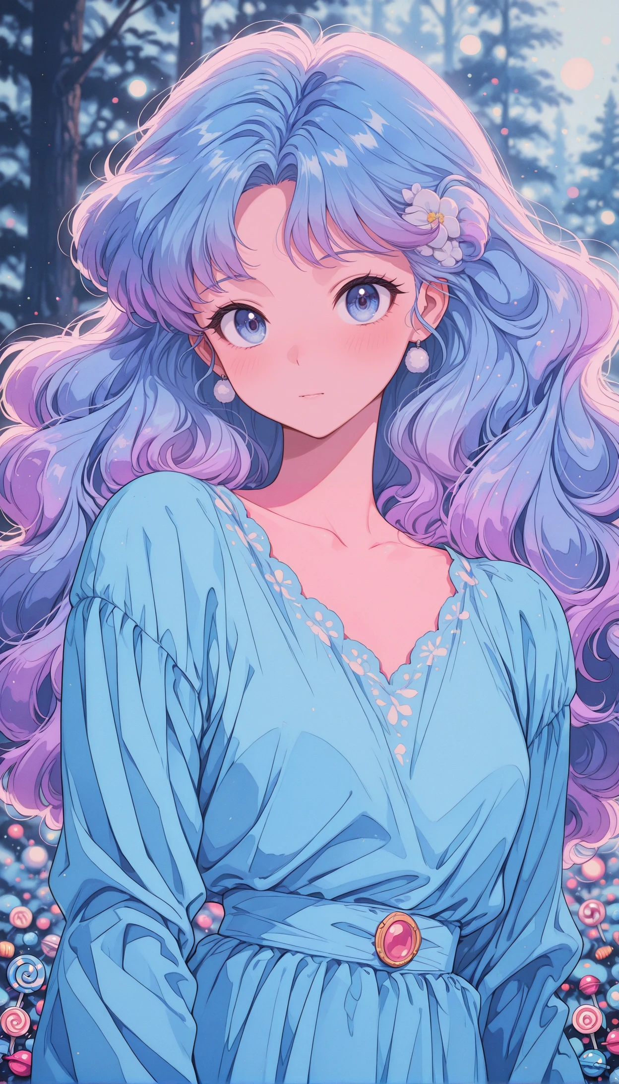 1girl, half-body, pastel violet hair, cascading curls, pastel blue dress, dreamy eyes, soft blurred background, candy-like pastel forest, magical setting masterpiece, best quality, amazing quality, very aesthetic, absurdres, detailed eyes, newest, <lora:PinkieRetroAnimeIL:1>, pinkretroanime, retro art,