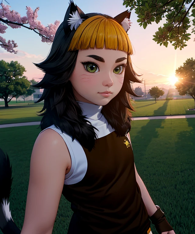 (masterpiece:1.2), official_art, ultra_detailed, (1girl:1.2), (solo:1.2), (PSENekono:1.2), (NekonoOutfit:1.5), (brown_sleeveless_shirt:1.5), (orange_buruma:1.5), (white_fingerless_gloves:1.2), green_eyes, cat_tail, facial_marks, plump, park_sunset, sakura_blossoms, cowboy_shot, (dramatic_lighting:1.2), <lora:PSE_Nekono:0.9>