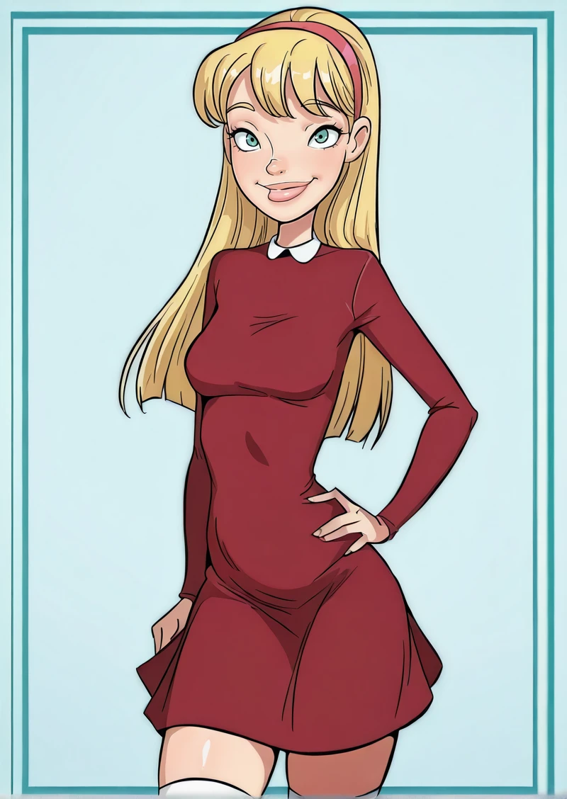 <lora:NatAyPapiIllustrious1.0JLFO:1> nat, hairband, blonde hair, long hair, 1girl, solo, breasts, lips, green eyes, dress,long sleeves,smile, blue eyes, socks, looking at viewer, hand on own hip, cowboy shot,, masterpiece, best quality, amazing quality, very aesthetic, absurdres