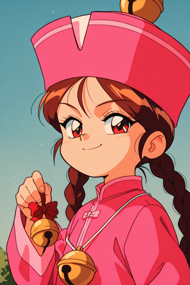 1990s_\(style\),retro_artstyle,a little_girl,1girl,brown_hair,twin_braids,pink_headwear,jingle_bell,pink_dress,looking at viewer, (detailed face,smug face,smile),(holding 2jingle_bells:1.2),upper_body,outdoor,blue_sky,BREAK score_9, score_8_up, score_7_up, source_anime,masterpiece, best quality,official art,perfect_anatomy
