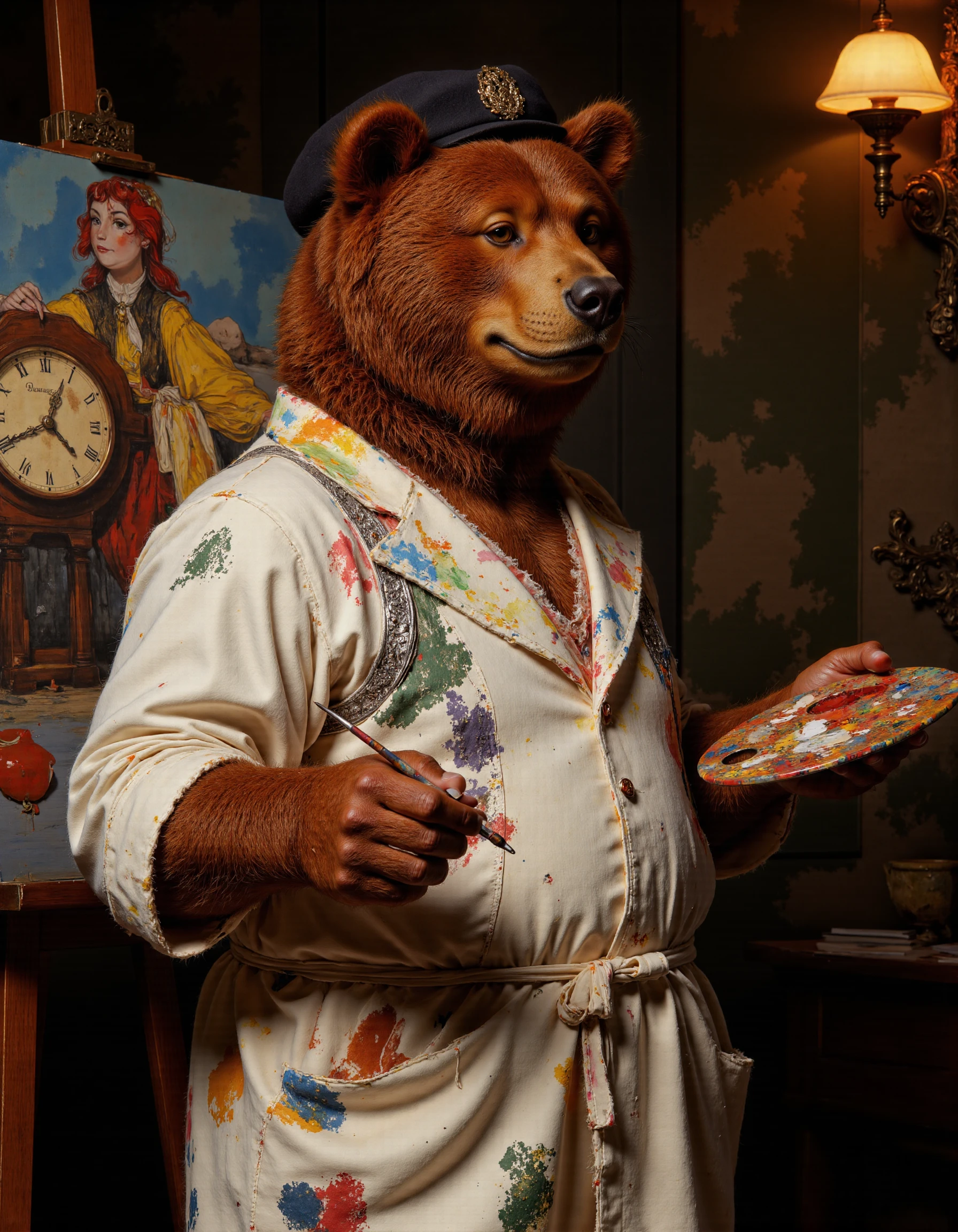 full body shot of Rembrandt style <lora:antr:1>, A comical, anthropomorphic bear dressed as an artist in a whimsical art studio. The bear is wearing a beret tilted to one side and a paint-splattered smock. It has a palette in one hand and a paintbrush in the other, with exaggerated artistic flair. The background features an easel with a half-painted canvas showing a funny or absurd scene (like a melting clock or a banana peel). The bear's expression is overly dramatic, like itâs deeply inspired or confused by its own work. Cartoonish, vibrant colors, playful lighting, and slight messiness around the workspace add to the humor. . Baroque, chiaroscuro, realistic, emotional, "flat lighting. Whole outfit, clear, sharp, balanced