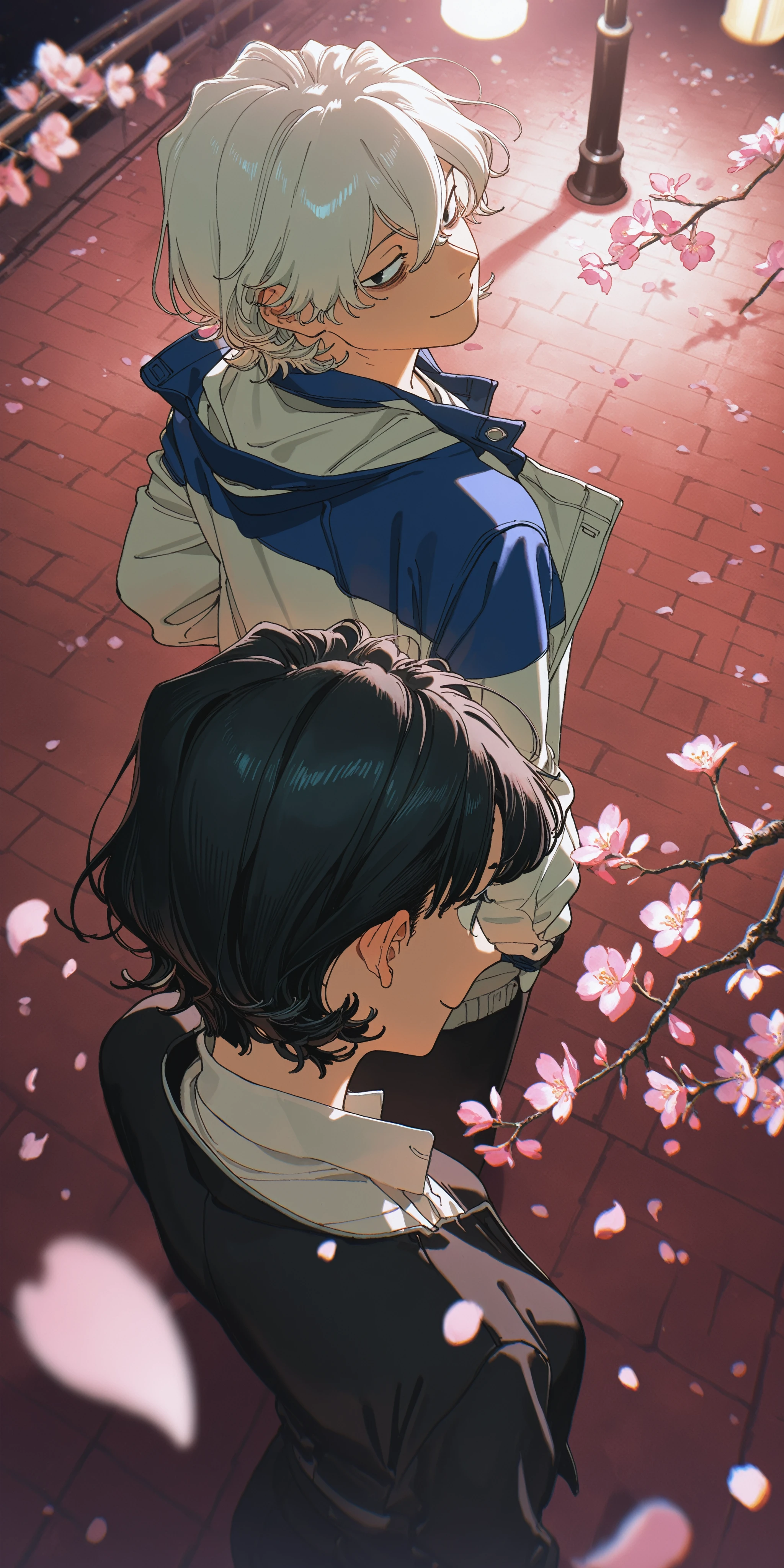 masterpiece, best quality, absurdres, safe
1boy, toshiro kamiya, short hair, black eyes, white hair, sanpaku, bags under eyes, hair between eyes, smile,
standing, from behind, from above, looking back,
[dappled sunlight:(night,:1.6) (lamppost:1.2) :0.2], blue jacket, white shirt, white jacket
artist:konya karasue, artist:yoneyama mai, chromatic aberration, branch, leaf, flower, petals, (blurry foreground:1.0)
BREAK
masterpiece, best quality, absurdres, safe
1girl, yomiko hourai, black hair, short hair, black eyes, (smile:1.1),
standing, from behind, from above,
[dappled sunlight:(night:1.6) :0.2], white shirt,
artist:konya karasue, artist:yoneyama mai, chromatic aberration, branch, leaf, flower, (petals:1.6), (blurry foreground:1.0)
 <lora:fool_night_il_1_d16:1>