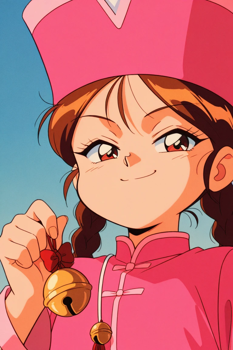 1990s_\(style\),retro_artstyle,1girl,brown_hair,twin_braids,pink_headwear,jingle_bell,pink_dress,looking at viewer, (detailed face,smug face,smile),(holding 2jingle_bells:1.2),upper_body,outdoor,blue_sky,BREAK score_9, score_8_up, score_7_up, source_anime,masterpiece, best quality,official art,perfect_anatomy