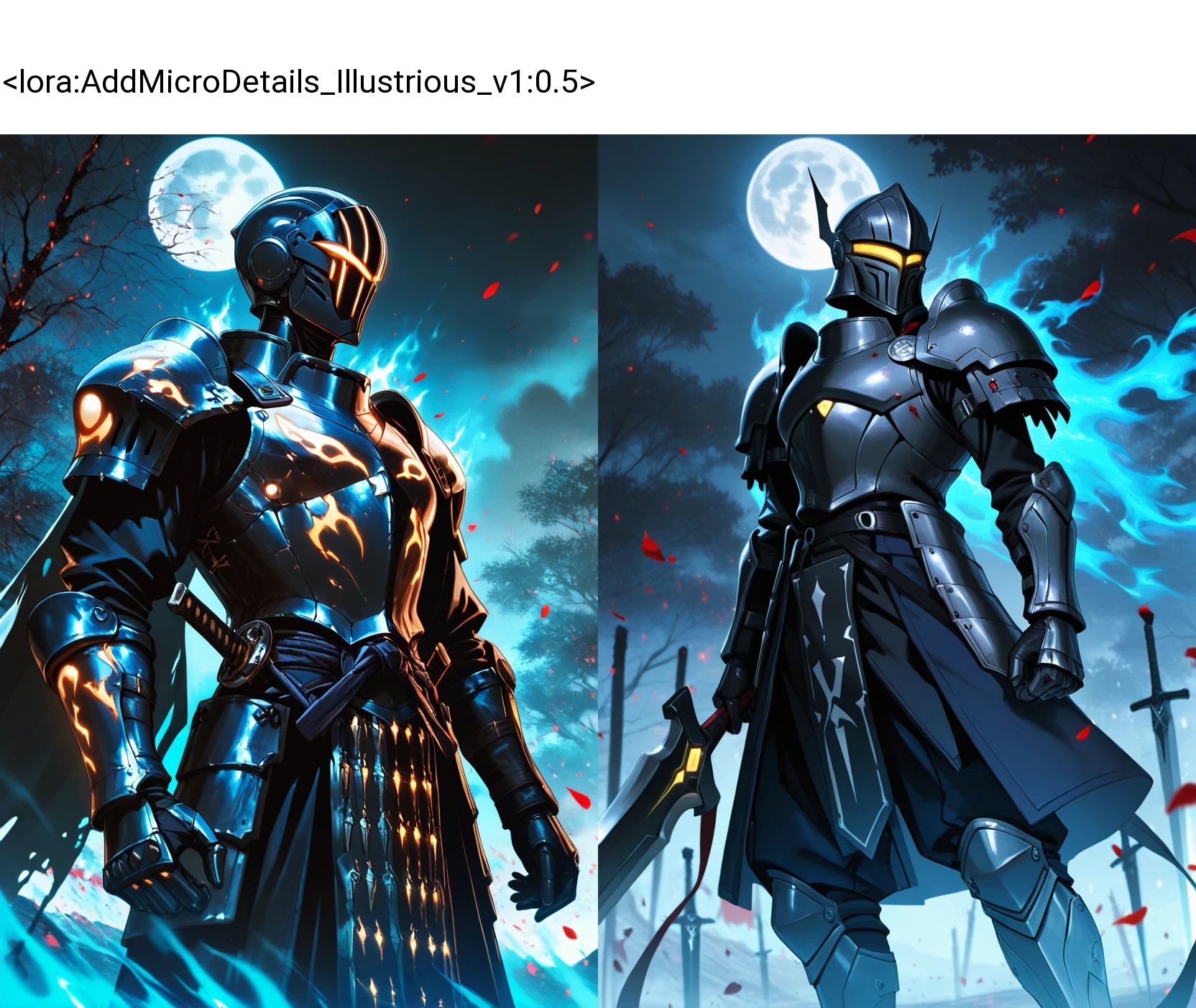 A lone samurai stands motionless in a vast, mist-covered battlefield, his ornate armor glistening under the pale glow of a full moon. Petals from a distant cherry tree drift through the night air, blending with the lingering embers of a long-forgotten war. Broken banners and rusted weapons litter the ground, illuminated by faint ethereal blue flames that dance like lost souls. The scene is both haunting and beautiful, with a rich color palette of deep blues, silver, and soft glowing reds. Cinematic lighting, atmospheric fog, hyper-detailed textures, high contrast, dreamlike fantasy realism, volumetric lighting, dramatic depth of field, <lora:AddMicroDetails_Illustrious_v1:0.5>, addmicrodetails,