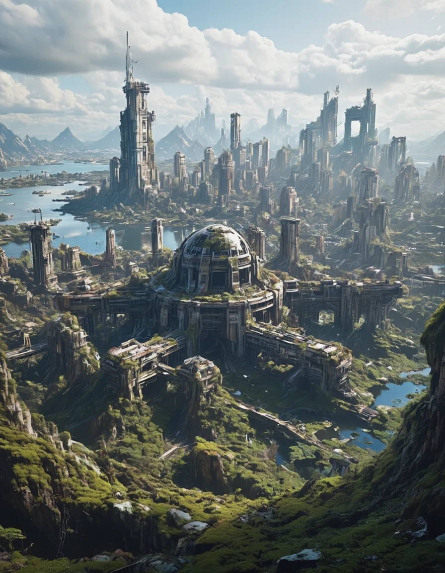 <lora:SWL_Stations1flux:1> lostst1, photo, field of view, cyberpunk, sea, abandoned cityscape, aerial view, scientific complex