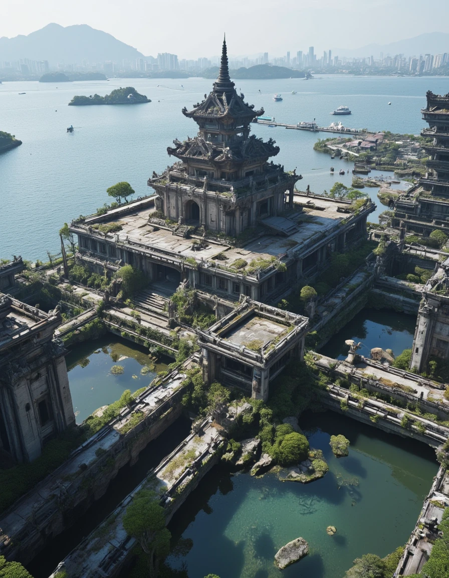 <lora:SWL_Stations1flux:1> lostst1, photo, cyberpunk, sea, abandoned cityscape, aerial view, scientific complex, old asian temple
