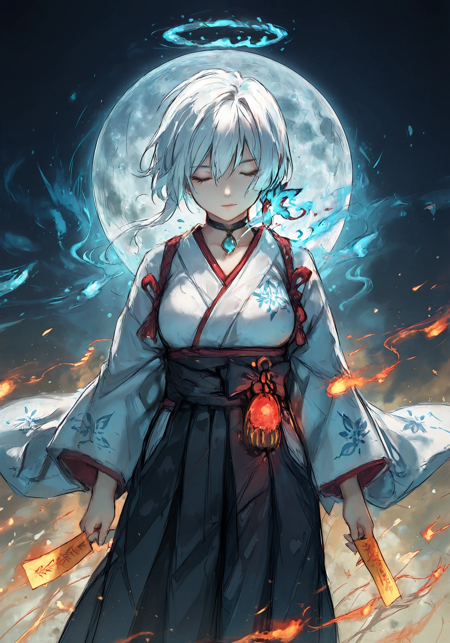 1girl, solo, closed eyes, japanese clothes, choker, hakama, skirt, blue fire, white hair, short hair, white kimono, ofuda, closed mouth, necklace, fire, kimono, halo, jewelry, hakama skirt, hair between eyes, talisman, facing viewer, bangs, long sleeves, wide sleeves, pouch, breasts, black choker, moon, glowing, klausherbert, masterpiece, best quality, good quality, newest <lora:UmeSky_Illustrious:1>
