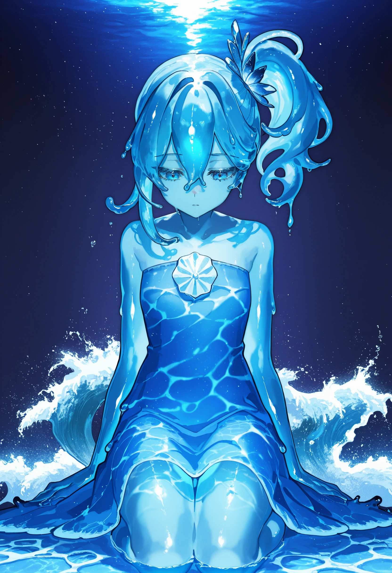water dress, slime girl, artist:[ekrea jan|sakoku \(oyatsu3ji \)|yoneyama mai|fuzichoco|quasarcake],
1girl, blue skin, transparent, see-through, solo, liquid hair, side ponytail, blue hair, blue dress, nsfw, upper body, strapless dress, blue eyes, bare shoulders, looking down, looking at viewer, waves, bare arms, bare legs, sitting, kneeling, water, hair ornament, night sky, hair between eyes, asymmetrical clothes, rotational symmetry, rule of thirds, caustics,
masterpeice, best quality, very aesthetic, absurdres