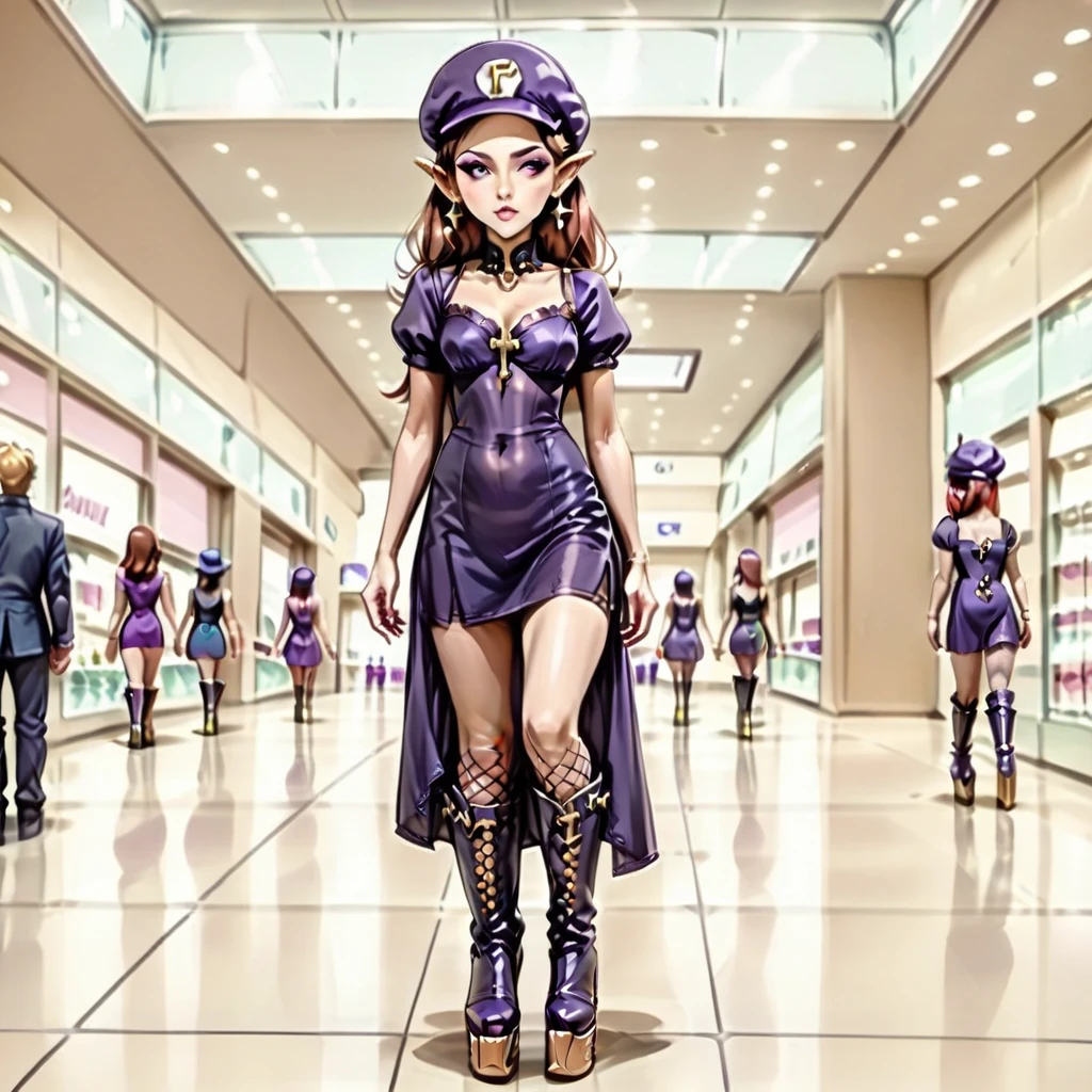 {1woman, (solo:2.0), ((adult:3.0)), mature female, full body, Waluette, no mustache:2.0, pointy ears, face framing bangs, brown hair, tiny bust:2.0, slim figure:2.0, lanky figure:2.0, long limbs, tall, goth dress, purple dress, fishnet stockings, fishnet stockings, gold platform boots, calf boots, gold earrings, gold accents, purple hat, hat, standing:1.5, standing upright, } in a mall, walking through a mall, 4kFacePonyXL, anime style,