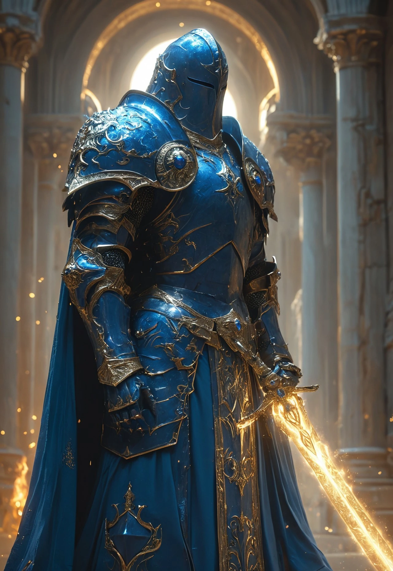 masterpiece, best quality, hyper detailed, ultra detailed, super realistic
Amid a raging storm, a shadow knight stands—a harbinger of doom and fire. His obsidian-black armor, adorned with intricate gold filigree, bears the scars of countless battles. A heavy, fur-lined cloak drapes over his broad shoulders, shrouding him in darkness. Beneath the hood, a menacing helm conceals his face, save for the fiery glow of his eyes, burning like embers from the abyss.
In his grip, a blade of molten fire seethes with raw power, its edges pulsing with infernal energy. Raindrops sizzle as they meet the heated steel, vanishing into rising steam. The storm howls around him, wind and ash swirling in his wake as if nature itself fears his presence. Behind him, the world is cloaked in shadow, the faint glow of distant destruction illuminating the battlefield.
He is more than a warrior—he is a dark sentinel, an omen of war, forged in the crucible of chaos, and destined to bring ruin to all who stand in his path.