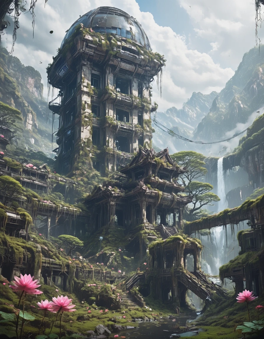 <lora:SWL_Stations1flux:1> lostst1, photo, big station, wet atmosphere, angular, pink flowers, old asian temple, station, mountains, abandoned, rainy, impressive scientific complex, above an old stone temple, abandoned cityscape, wires, stairs, ruins, tree, scientific tower, trees, waterfall, scientific complex, broken, pink flower, window, clouds, roots, field of view, glass dome, humid