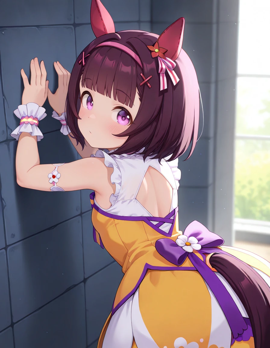 masterpiece, best quality, very aesthetic, absurdres, umaOfficial, 1girl, nishino flower \(umamusume\), nfdef, purple hair, ear covers, hairpin, sleeveless dress, wrist cuffs, skirt, looking back, leaning forward, against wall, <lora:nishino_IL:1>