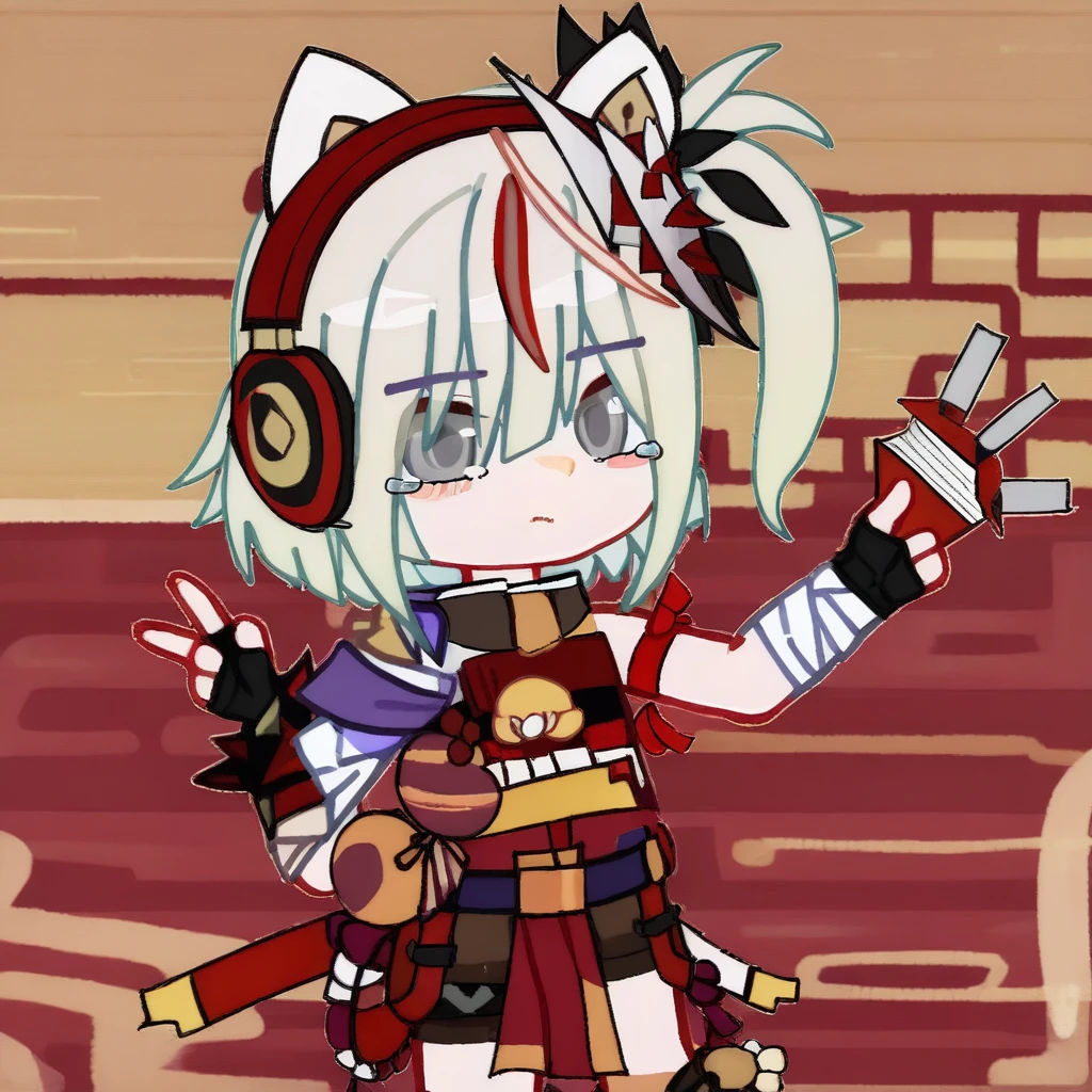 side ponytail, hair ornament, grey eyes, book, mask on head, streaked hair, sarashi, v, eyes visible through hair, animal ear headphones, standing, holding weapon, tears