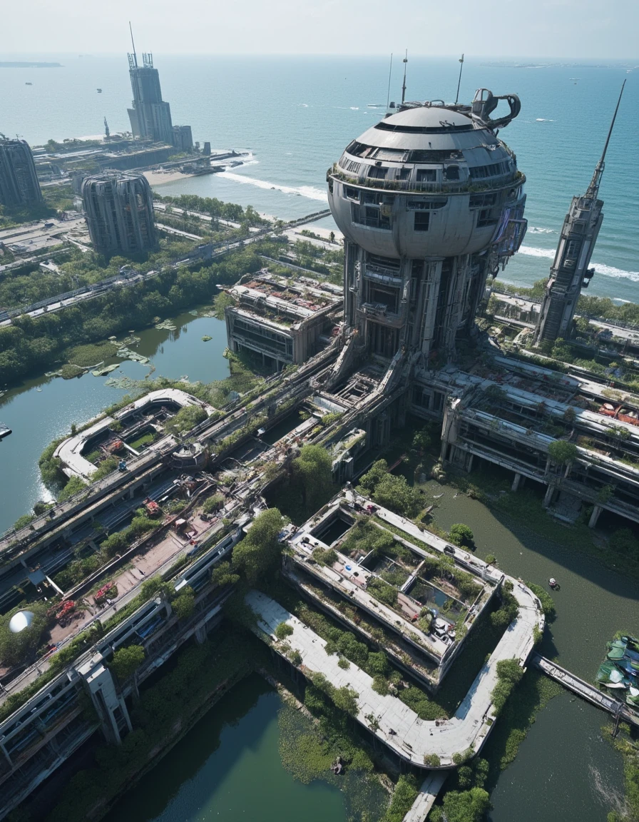 <lora:SWL_Stations1flux:1> lostst1, photo, field of view, cyberpunk, sea, abandoned cityscape, aerial view, scientific complex