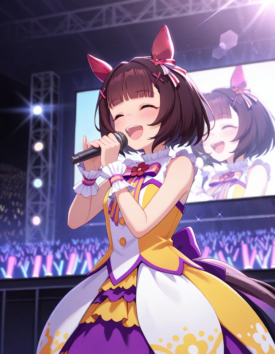 masterpiece, best quality, very aesthetic, absurdres, umaOfficial, 1girl, nishino flower \(umamusume\), nfdef, ear covers, bare shoulders, laughing, singing, live stage, concert, microphone, (cowboy shot), blurry background, large monitor, penlight \(glowstick\), lens flare, <lora:nishino_IL-000025:1>