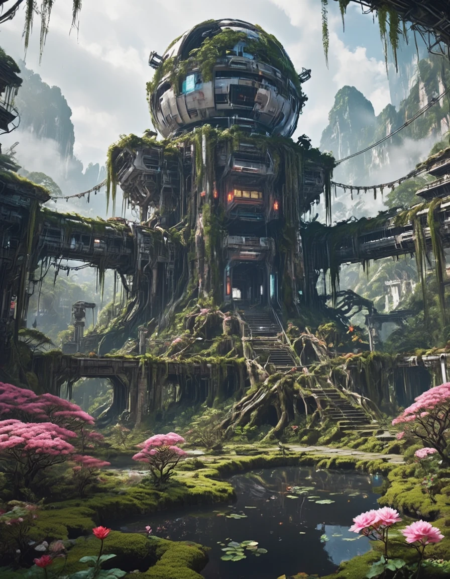 <lora:SWL_Stations1flux:1> lostst1, photo, big station, impressive scientific complex, flowers, abandoned, metallic, ruins, moss, grass, broken, pond, lights, cyberpunk, science fiction, clouds, field of view, jungle, giant roots, wet atmosphere, rainy, humid, old, wires, under a broken dome, mountains, stairs, above an old temple, giant roots, vegetation, cherry blossoms, pink flowers, old asian temple, broken machinery