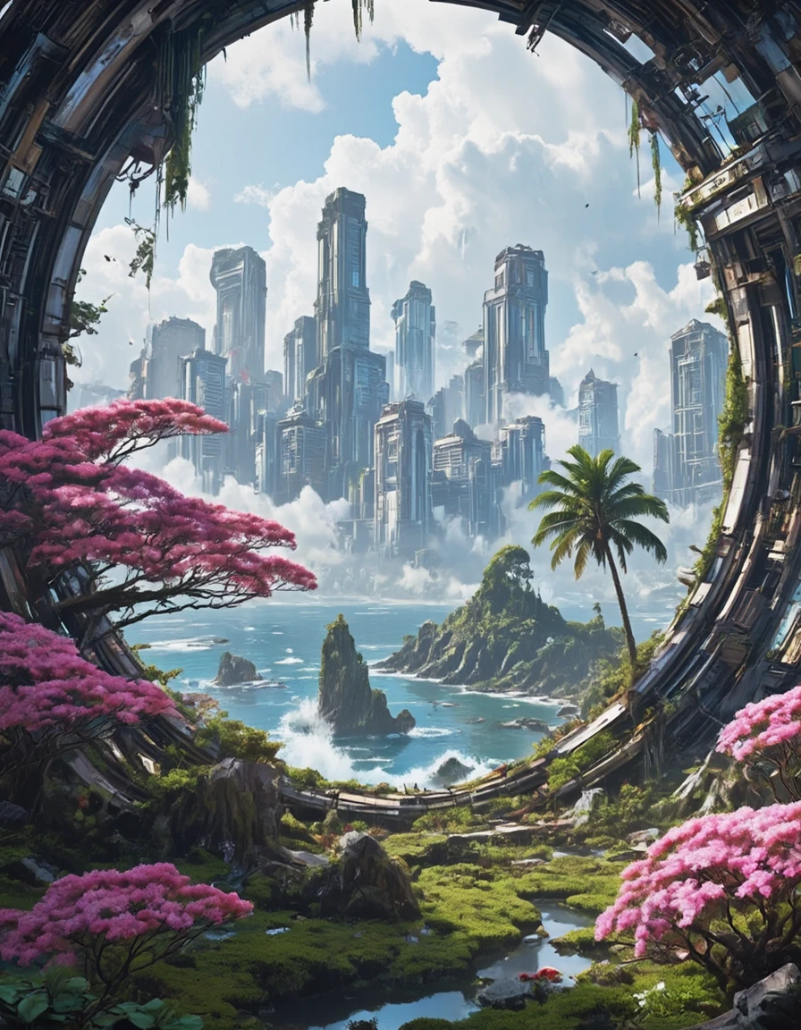 <lora:SWL_Stations1flux:1> lostst1, photo, field of view, cyberpunk, cherry blossom, sea, waves, palm tree, island, abandoned cityscape, metallic