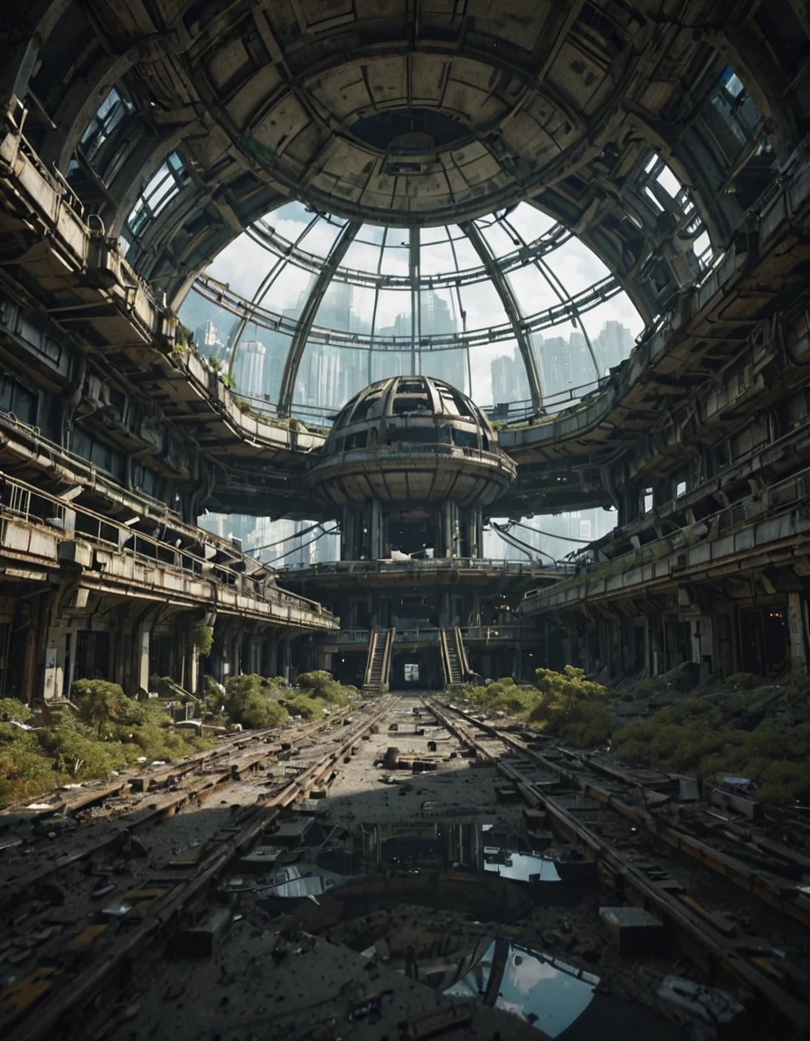 <lora:SWL_Stations1c:0.8> lostst1, cyberpunk, sea, abandoned cityscape, aerial view, scientific complex, big station,