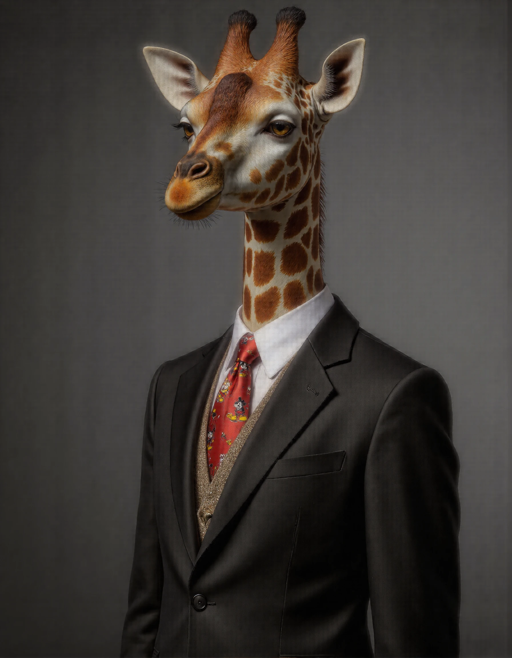 Frida Kahlo style full body shot of <lora:antr:1>, Rembrandt style, This is an ultra-realistic, highly detailed portrait of a giraffe rendered with meticulous attention to texture, lighting, and whimsical contrast. The giraffe stands confidently against a smooth gradient grey background that transitions from a deep charcoal at the bottom to a soft silvery hue near the top, creating a neutral yet dynamic setting that highlights every intricate detail of the subject. The giraffeâs body is tall and elegant, covered in a patchwork of irregular, golden-brown spots that vary subtly in tone and texture. Each spot has a velvety sheen under the soft, diffused lighting, with faint ridges and fine hairs visible along their edges where light catches the coarse surface of its coat. Beneath the patterned skin lies a sense of underlying musculature, emphasized by subtle shadows that trace the contours of its neck, legs, and torso. The skin around its joints and underbelly is smoother and lighter in color, with delicate folds that add a tactile realism to its form. Its face features sharp, lifelike details: large, expressive eyes are framed by long, dark lashes and adorned with intricate patterns unique to each individual giraffe. The eyes shimmer faintly, reflecting hints of amber and hazel that give them a warm, intelligent gaze. Tiny wrinkles radiate outward from the corners of its eyes and mouth, adding depth and character to its expression. Its nostrils flare slightly, capturing the essence of calm alertness, while its lipsâsoft and flexibleâare curled into a gentle, curious smile. The giraffe dons a tailored charcoal-grey business suit that fits snugly over its slender frame, blending professionalism with a touch of surreal humor. The suit jacket is impeccably cut, with sharp lapels and subtle shoulder padding that accentuates its poised demeanor. However, the fabric of the suit is anything but ordinaryâit features a playful pattern of dancing Mickey Mouse figures, rendered in vibrant shades of red, yellow, and black. Each Mickey figure strikes a different pose, mid-twirl or mid-jump, creating a lively, almost animated effect across the otherwise formal attire. Beneath the suit jacket, the giraffe wears a crisp white dress shirt, slightly rumpled as if it's been worn through a busy day. A bright red silk tie completes the ensemble, knotted neatly at its throat, though one end hangs slightly askew, hinting at a carefree attitude despite the polished appearance. The tie is adorned with tiny embroidered Mickey silhouettes, tying the whimsical theme together seamlessly. Lighting plays a crucial role in this piece, with soft, even illumination casting gentle shadows that accentuate the giraffe's three-dimensional form. Subtle highlights run along the ridges of its ossicones (the horn-like structures atop its head), the curve of its ears, and the raised fibers of its fur, while deeper shadows pool within the folds of its skin and the creases of its clothing. This interplay of light and shadow creates a masterfully realistic rendering, drawing the viewerâs eye to the intricate textures and imperfections that define the giraffe's character. Every element of this portraitâfrom the carefully crafted texture of the giraffe's spotted coat to the whimsical dancing Mickeys on its business suitâhas been meticulously designed using advanced CGI techniques combined with photorealistic textures. The result is an unparalleled level of realism that blurs the line between digital art and photography, inviting viewers to linger over the smallest details and marvel at the juxtaposition of sophistication and playfulness in this unconventional yet compelling subject. . Baroque, chiaroscuro, realistic, emotional, "flat lighting. Whole outfit, clear, sharp, balanced . Surrealist, autobiographical, vibrant, symbolic, "Realist
