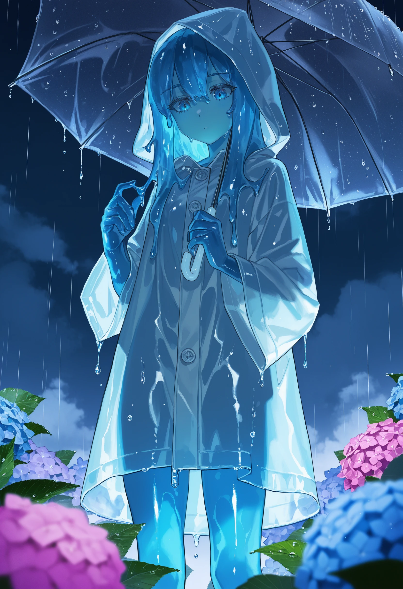 slime girl, original,artist:[ekrea jan|sakoku \(oyatsu3ji \)|yoneyama mai|fuzichoco|quasarcake],

1girl, raincoat, solo, transparent umbrella, blue hair, blue eyes, long hair, closed mouth, blue skin, looking down, liquid hair, holding umbrella, cloud, hood, sky, wet, nsfw, water drop, dark, hydrangea, pink flower, blue flower, blurry foreground, 

masterpeice, best quality, very aesthetic, absurdres