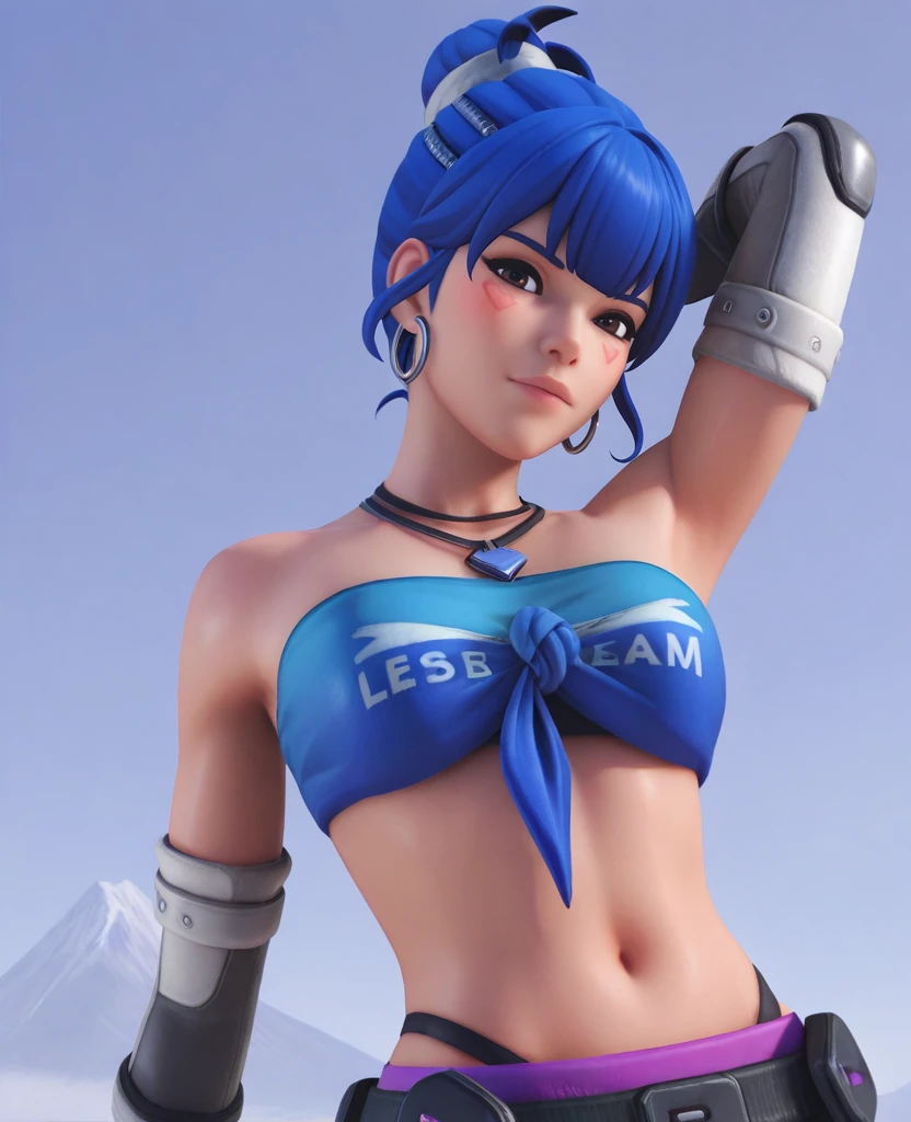 <lora:illustriousXL_stabilizer_v1.23:0.6> , highres, absurdres, 3d, <lora:DVA_FEARLESS_ILLUS:0.8>, dv2, 1girl, blue hair, single hair bun, brown eyes, facial mark, tube top, front-tie top, elbow gloves, hoop earrings, portrait, looking at viewer, necklace, arm behind head, midriff, navel, panty straps,