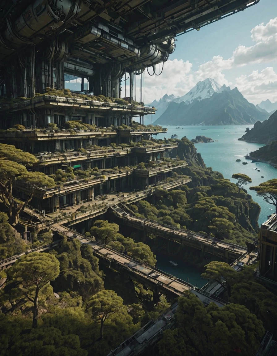 <lora:SWL_Stations1c:0.8> lostst1, cyberpunk, sea, mountains, aerial view, scientific complex, trees,