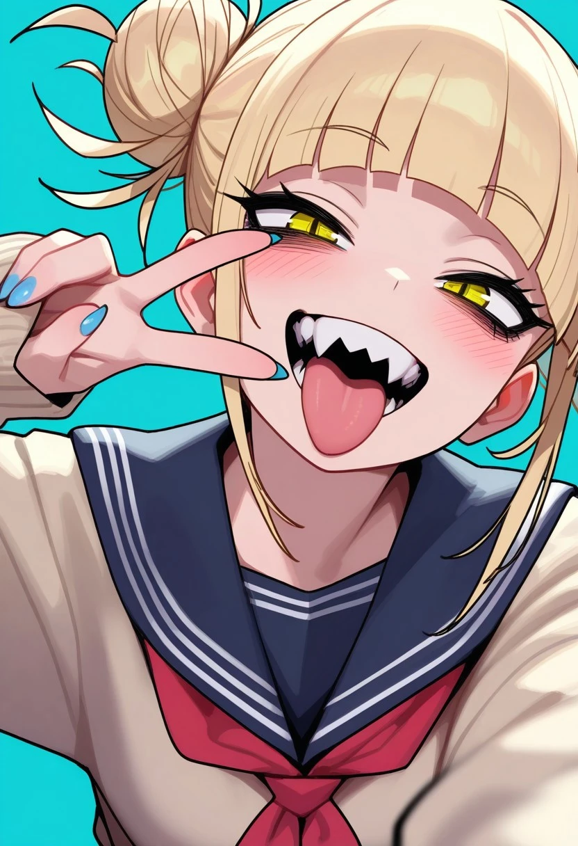 CuteToon_ST, masterpiece, best quality, very aesthetic, high resolution, ultra-detailed, absurdres, newest, detailed eyes, beautiful, perfect lighting, hi res, amazing quality, very awa, painting_(artwork), dynamic lighting, dynamic angle, dynamic pose, cinematic, gorgeous, 1girl, toga himiko, hair bun, double bun, blonde hair, open mouth, simple background, looking at viewer, school uniform, blunt bangs, blush, aqua background, fangs, slit pupils, blue background, red neckerchief, smile, messy hair, long sleeves, serafuku, upper body, v, yellow eyes, nail polish, sharp teeth, sidelocks, tongue out, cardigan, blue sailor collar, sleeves past wrists, blue nails, fingernails