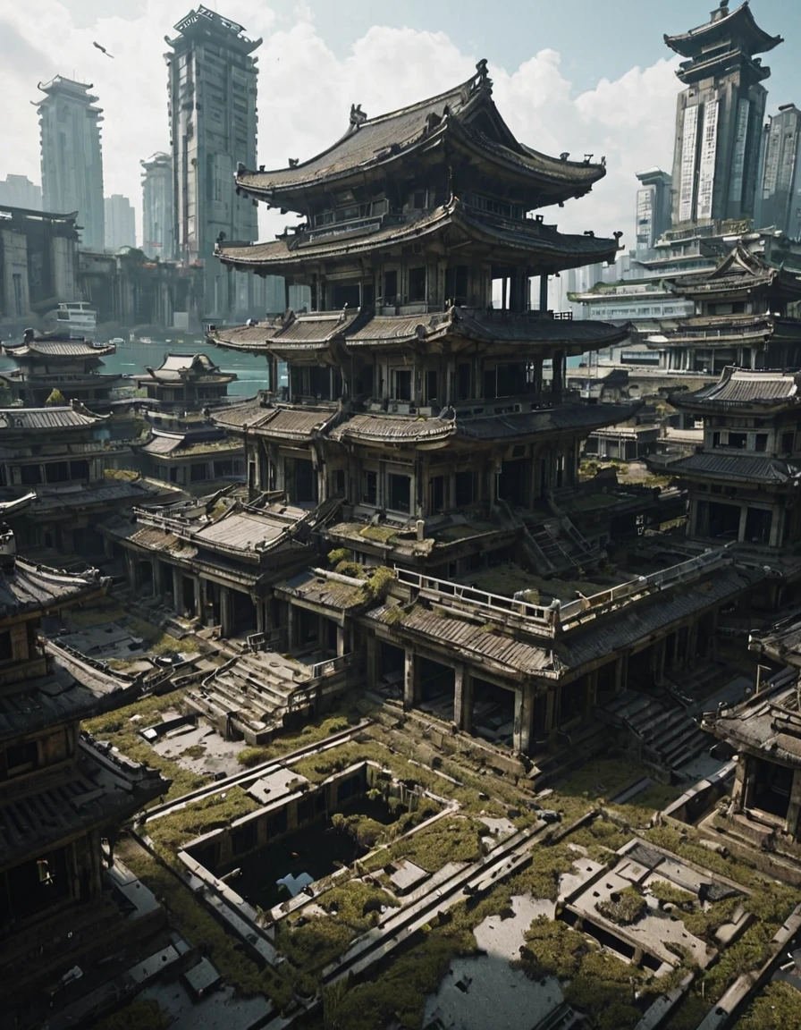 <lora:SWL_Stations1c:0.8> lostst1, cyberpunk, sea, abandoned cityscape, aerial view, scientific complex, old asian temple
