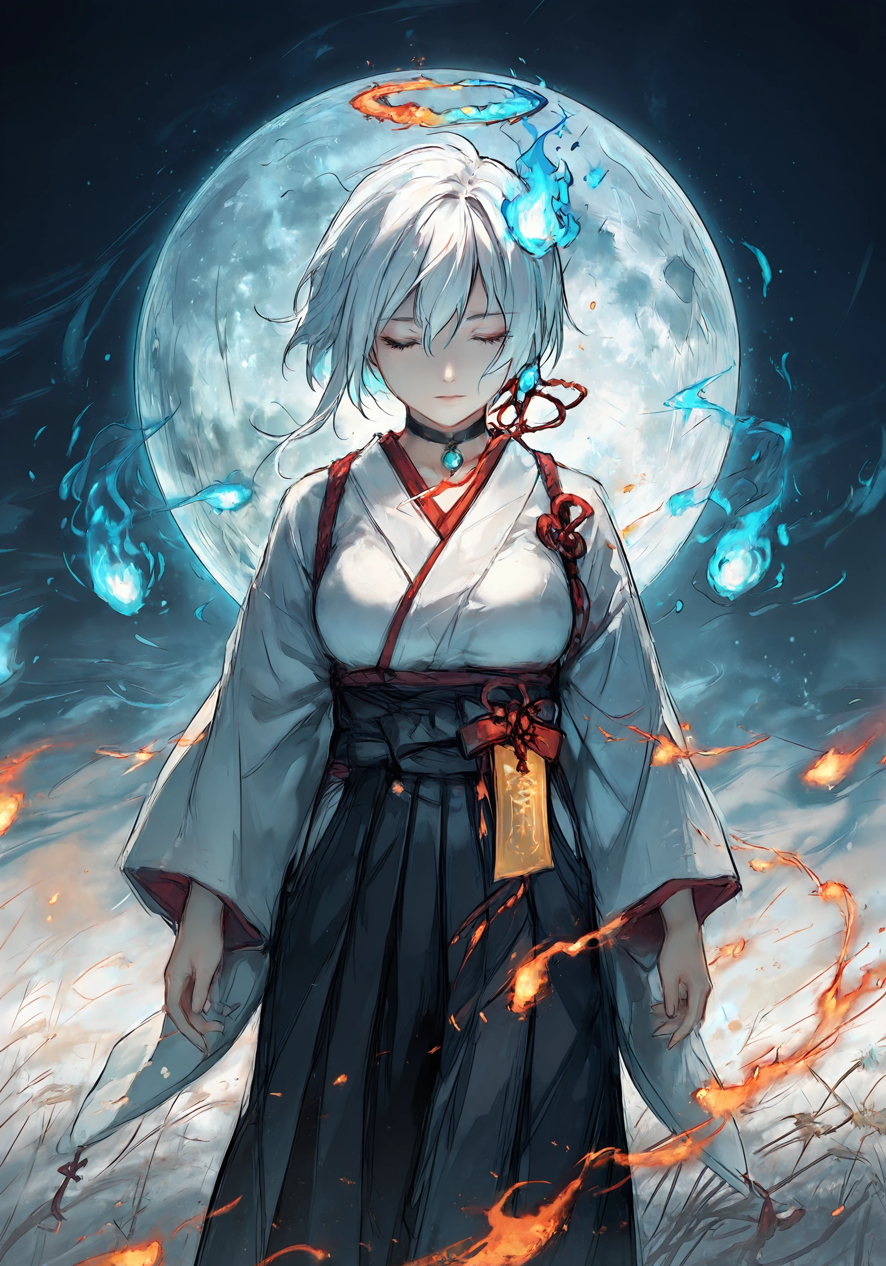 1girl, solo, closed eyes, japanese clothes, choker, hakama, skirt, blue fire, white hair, short hair, white kimono, ofuda, closed mouth, necklace, fire, kimono, halo, jewelry, hakama skirt, hair between eyes, talisman, facing viewer, bangs, long sleeves, wide sleeves, pouch, breasts, black choker, moon, glowing, klausherbert, masterpiece, best quality, good quality, newest <lora:UmeSky_Illustrious:1>
