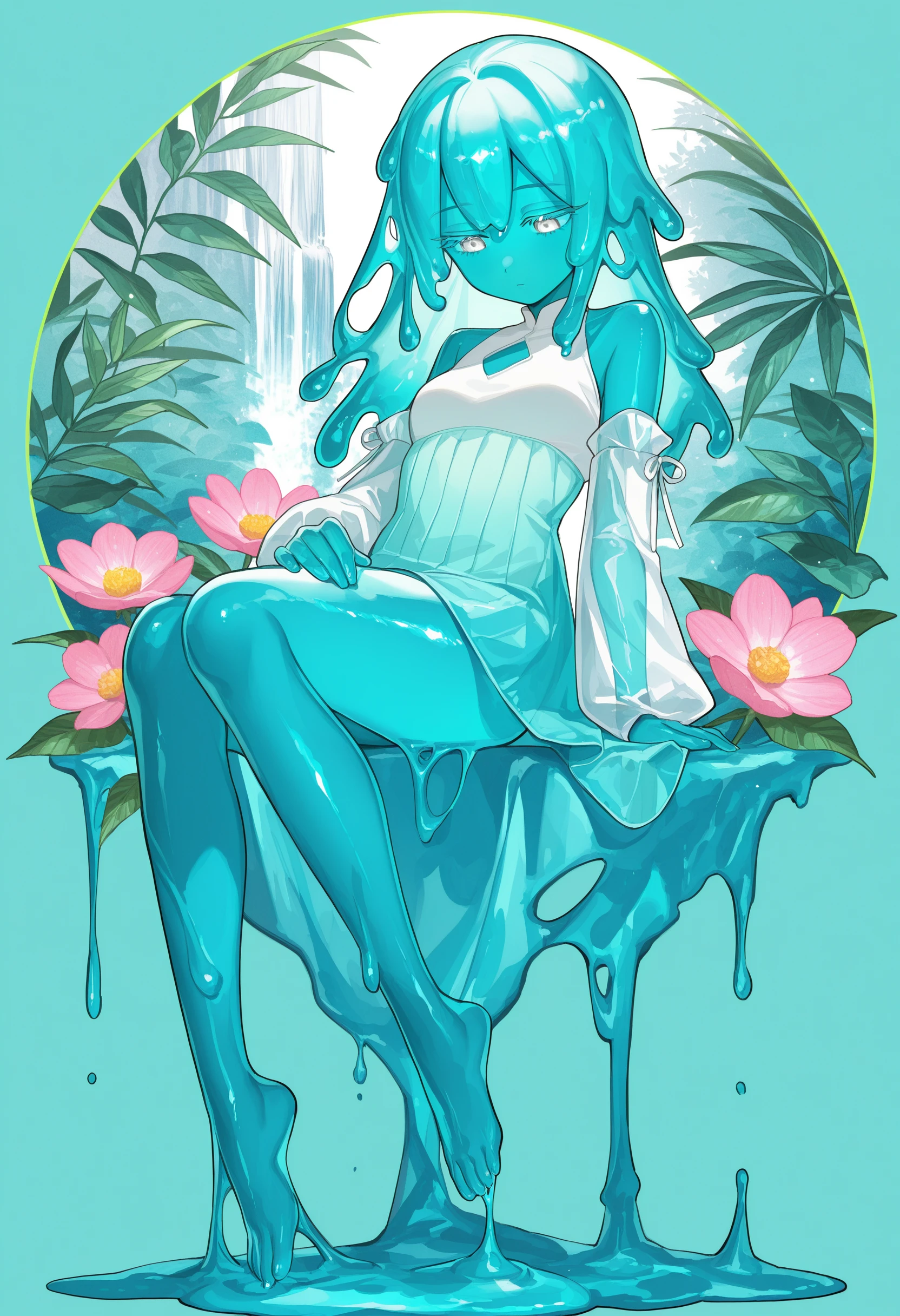 slime girl, artist:[yunouou10|sakoku \(oyatsu3ji \)|yoneyama mai|fuzichoco],

1girl, blue skin, see through, solo, barefoot, aqua dress, leaf, sitting, looking down,aqua hair, pink flower, bare shoulders, bare legs, full body, see-through, aqua theme, plantar flexion, detached sleeves, hand on own thigh, waterfall, long sleeves, liquid hair, long eyelashes, colored eyelashes, white eyes, sleeveless dress, aqua background, circle, small breasts,

masterpeice, best quality, very aesthetic, absurdres