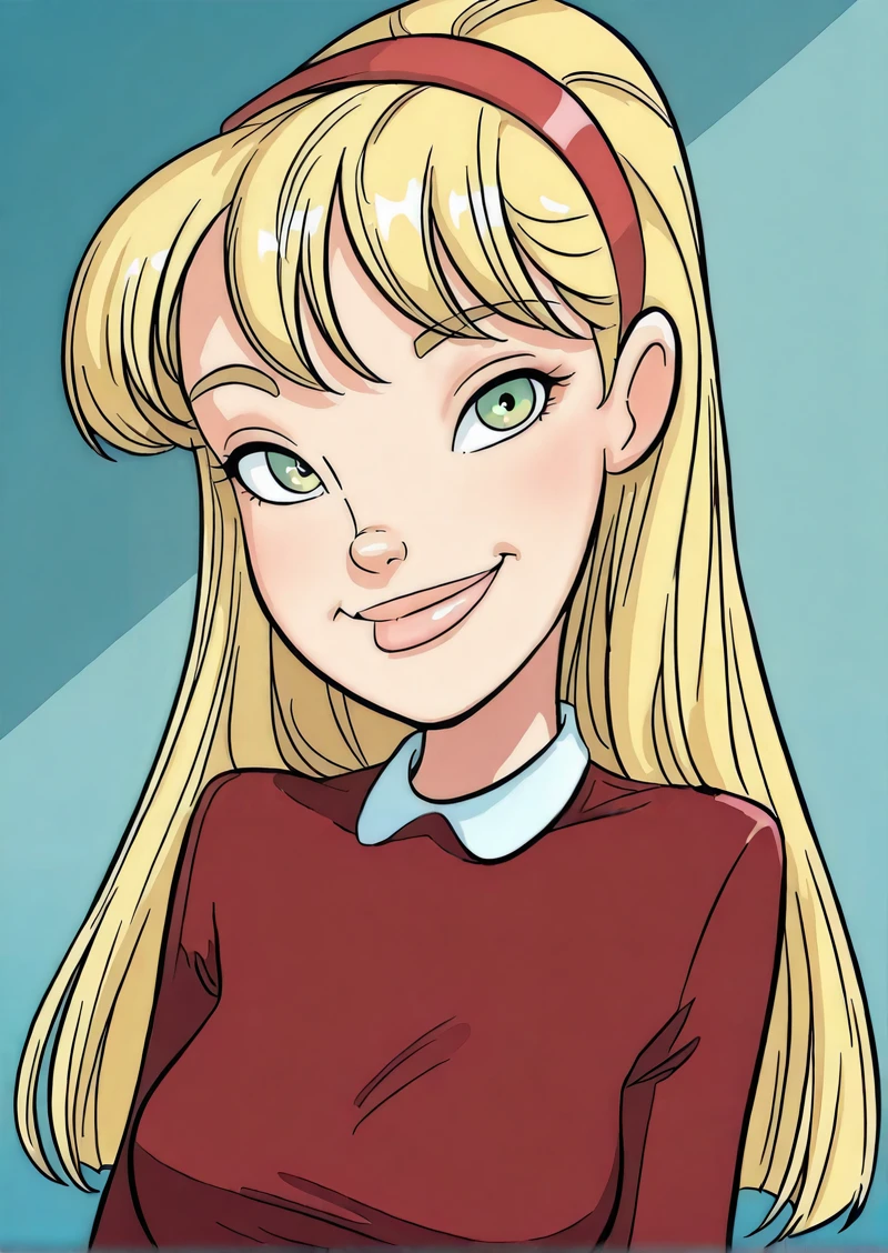 <lora:NatAyPapiIllustrious1.0JLFO:1> nat, hairband, blonde hair, long hair, 1girl, solo, breasts, lips, green eyes, dress,long sleeves, looking at viewer,portrait, upper body, smile,