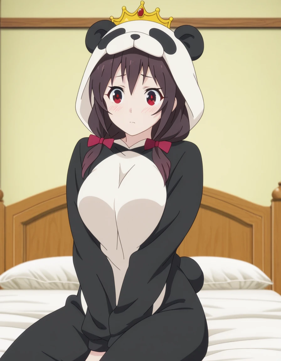 masterpiece, best quality, amazing quality,, <lora:konosuba-yunyun-s2-illustriousxl-lora-nochekaiser:1>, yunyun, black hair, hair ornament, red eyes, bow, braid, crown braid, mature female, breasts, anime screencap, <lora:kigurumi-ponyxl-lora-nochekaiser:1>, kigurumi, animal hood, animal costume, cosplay, rabbit costume, dragon costume, bear costume, dinosaur costume, sheep costume, cat costume, dog costume, panda costume, tiger costume,, indoors, bed, bed room, sitting, , cowboy shot, solo