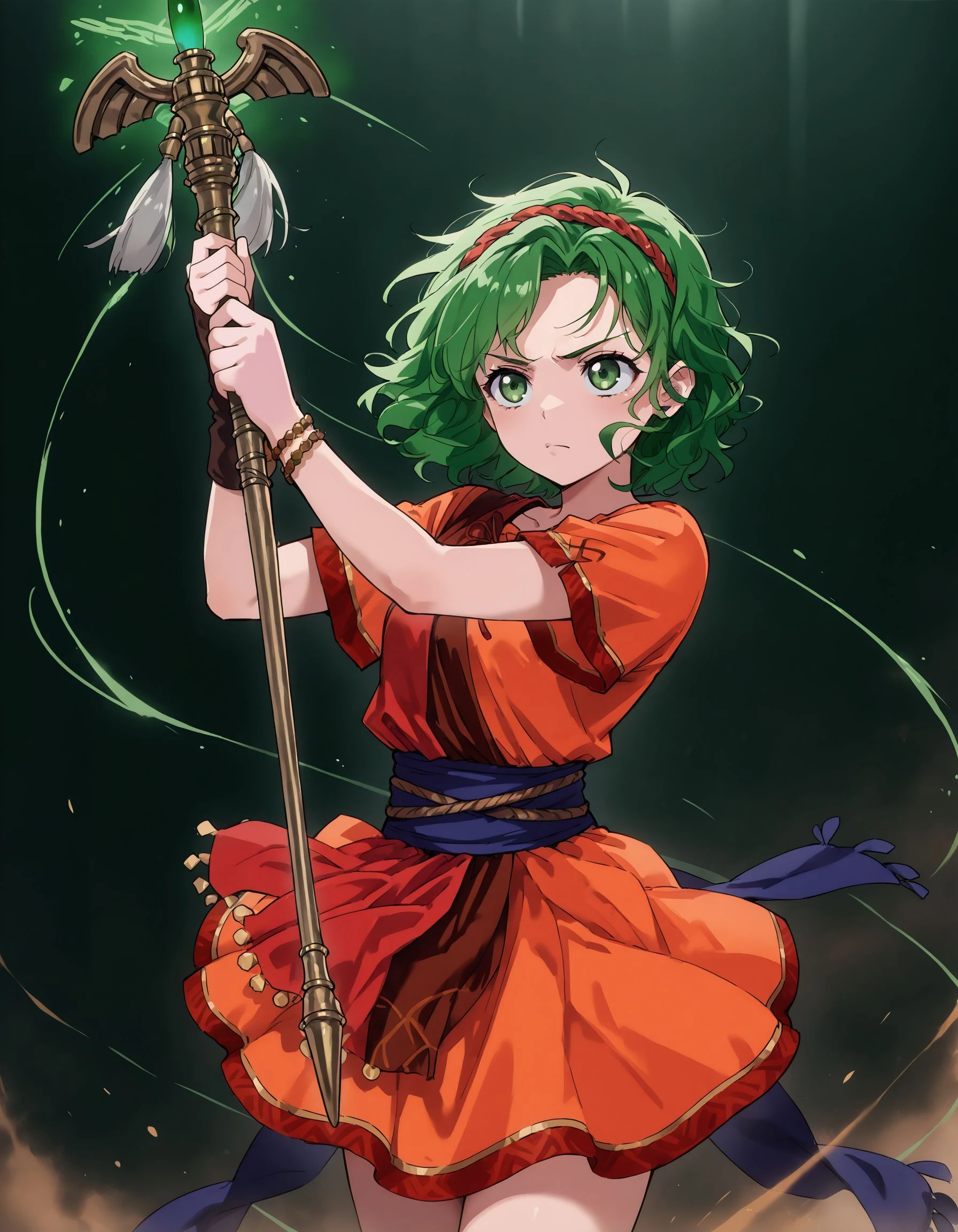 masterpiece,best_quality,1girl,solo,<lora:tina feh_illustriousXL:0.8>,tina feh,hairband,single glove,bracelet,red dress,sash,cowboy shot,standing,serious,holding staff,magic effects,hands up,looking looking at another,