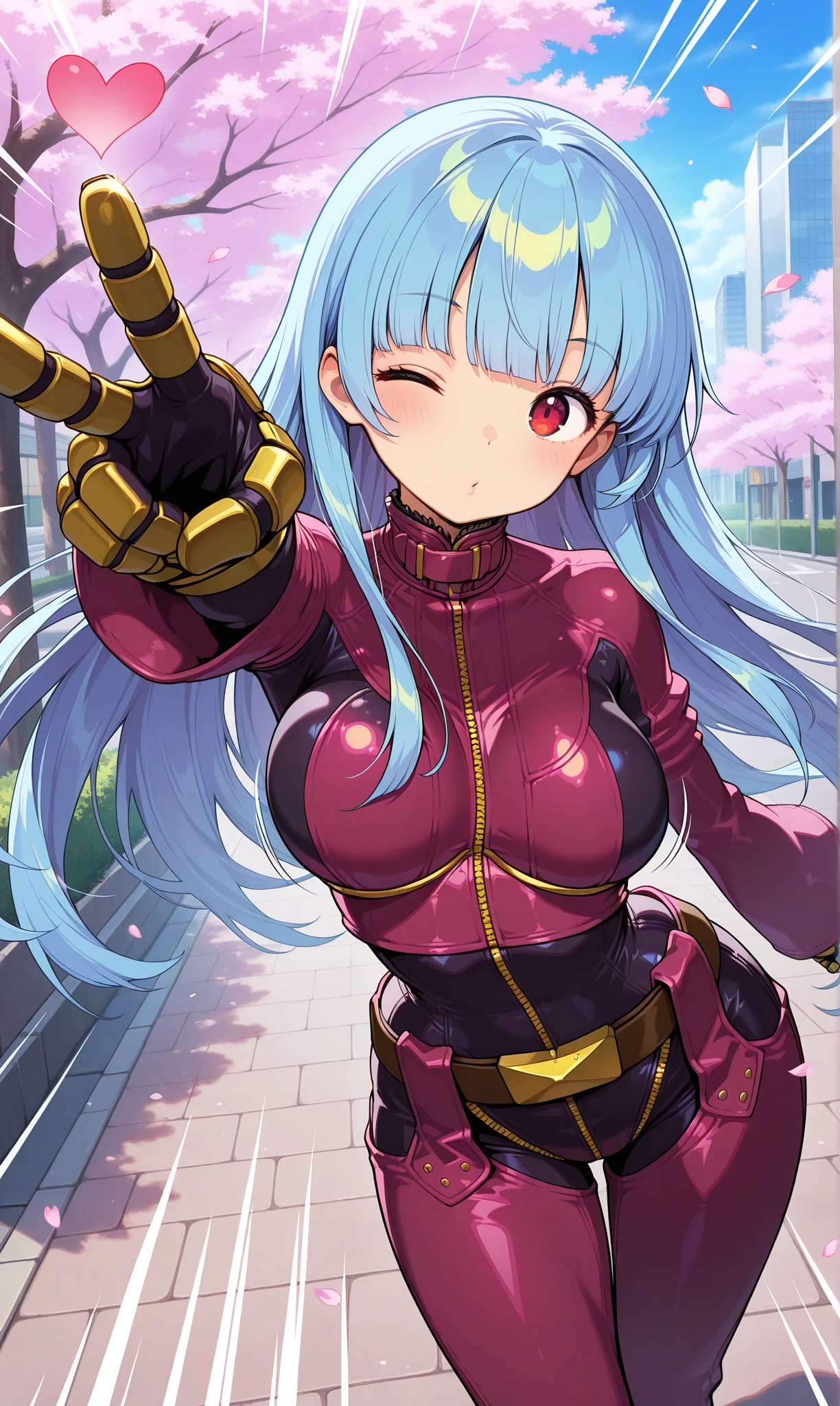 masterpiece, best quality, amazing quality, 1girl, solo, street, outdoors, cherry blossoms, cowboy shot, shiny skin, standing, looking at viewer, kula diamond, red eyes, blue hair, blunt bangs, long hair, armored gloves, chaps, zipper, belt, cropped jacket, leather jacket, pink jacket, pink bodysuit, multicolored jacket, multicolored bodysuit, reaching out, v, one eye closed